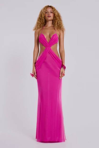 Mesh Cut-Out Gathering Maxi Dress