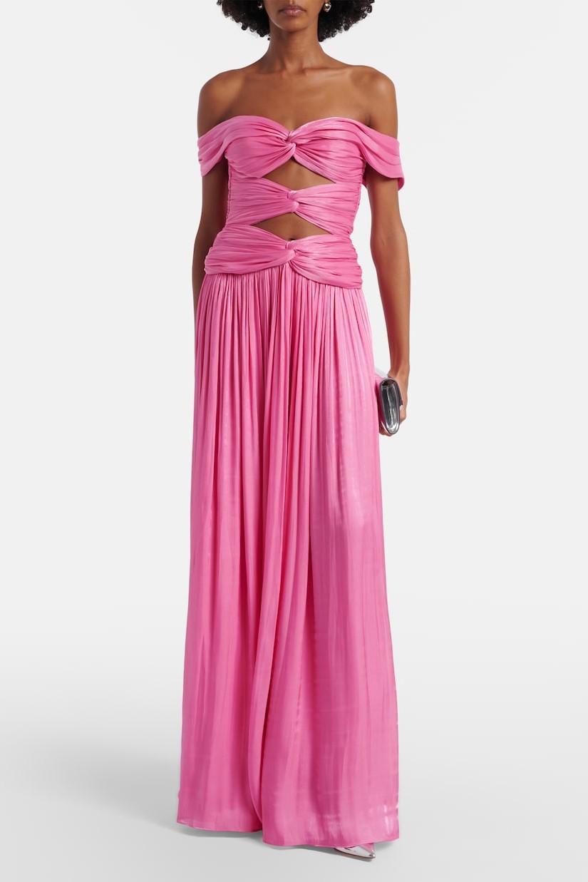 Satin Off Shoulder Cut-Out Maxi Dress