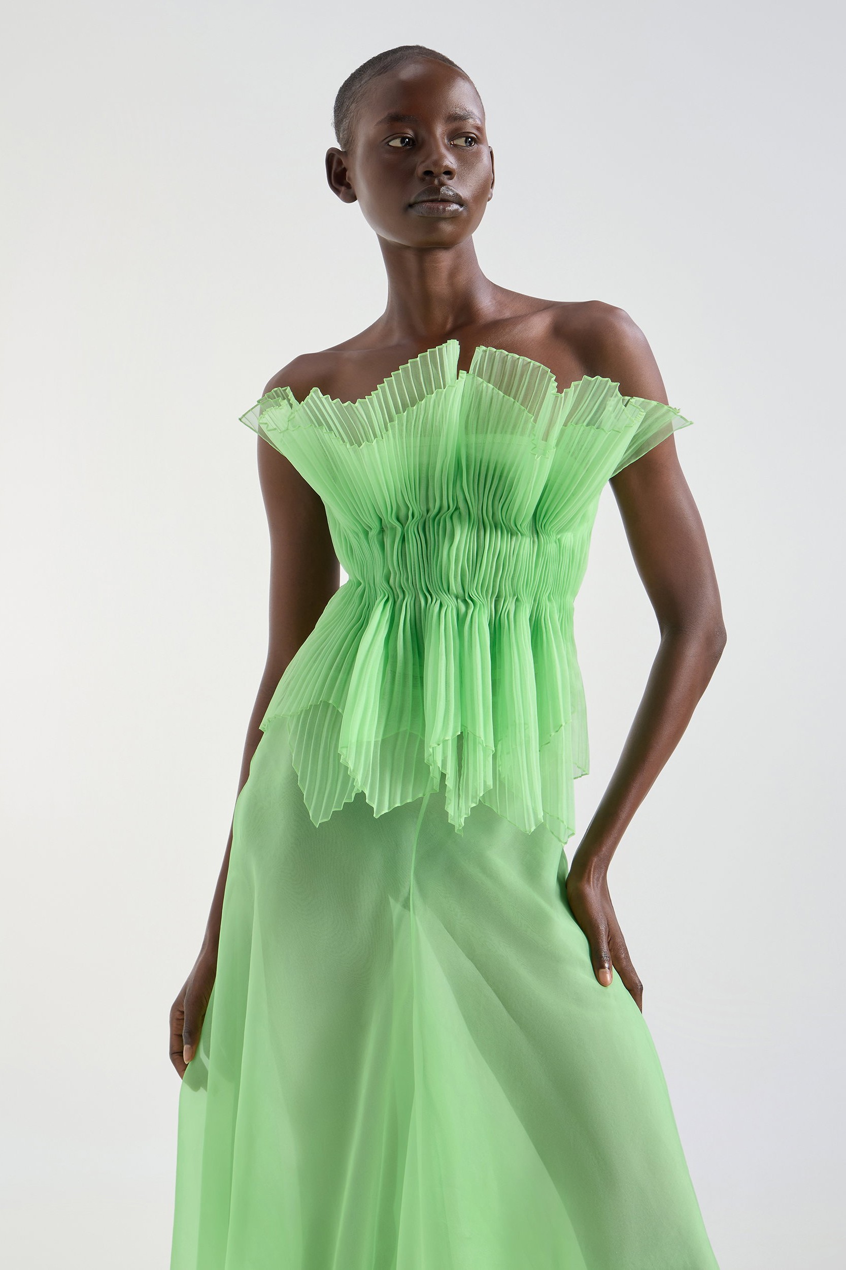 Solid Pleated Off Shoulder Maxi Dress