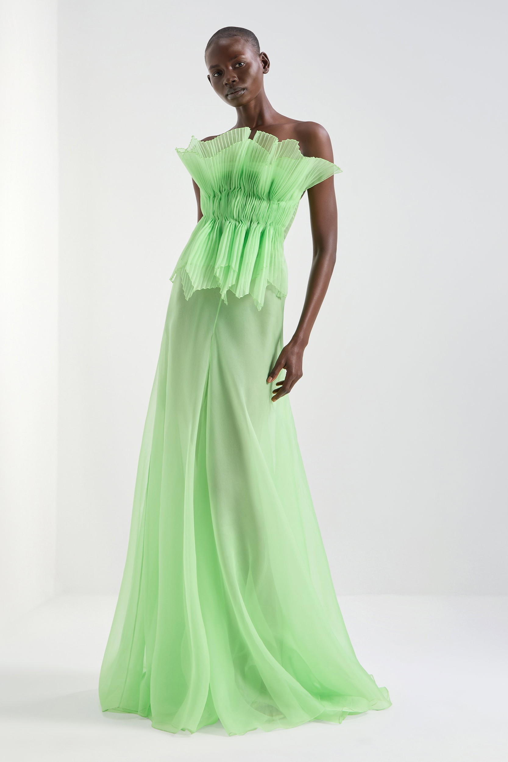Solid Pleated Off Shoulder Maxi Dress