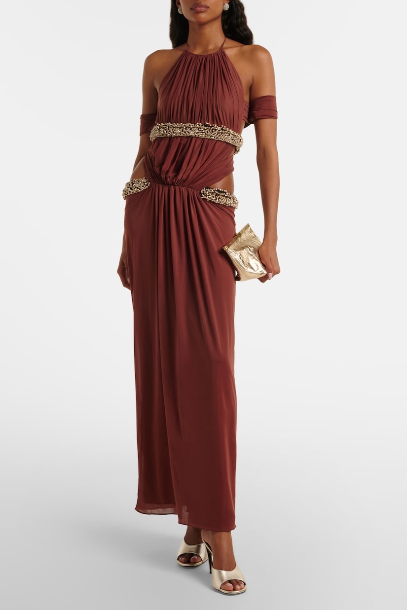 Jersey Rhinestone Rivets Halter Neck Gathering Midi Dress