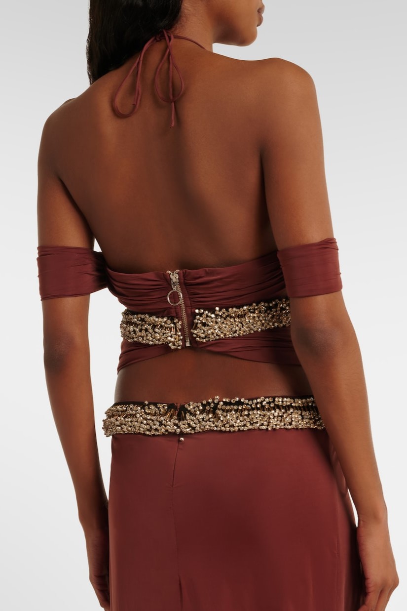 Jersey Rhinestone Rivets Halter Neck Gathering Midi Dress