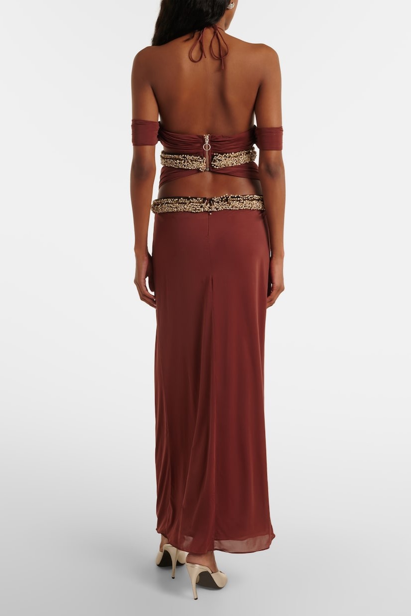 Jersey Rhinestone Rivets Halter Neck Gathering Midi Dress