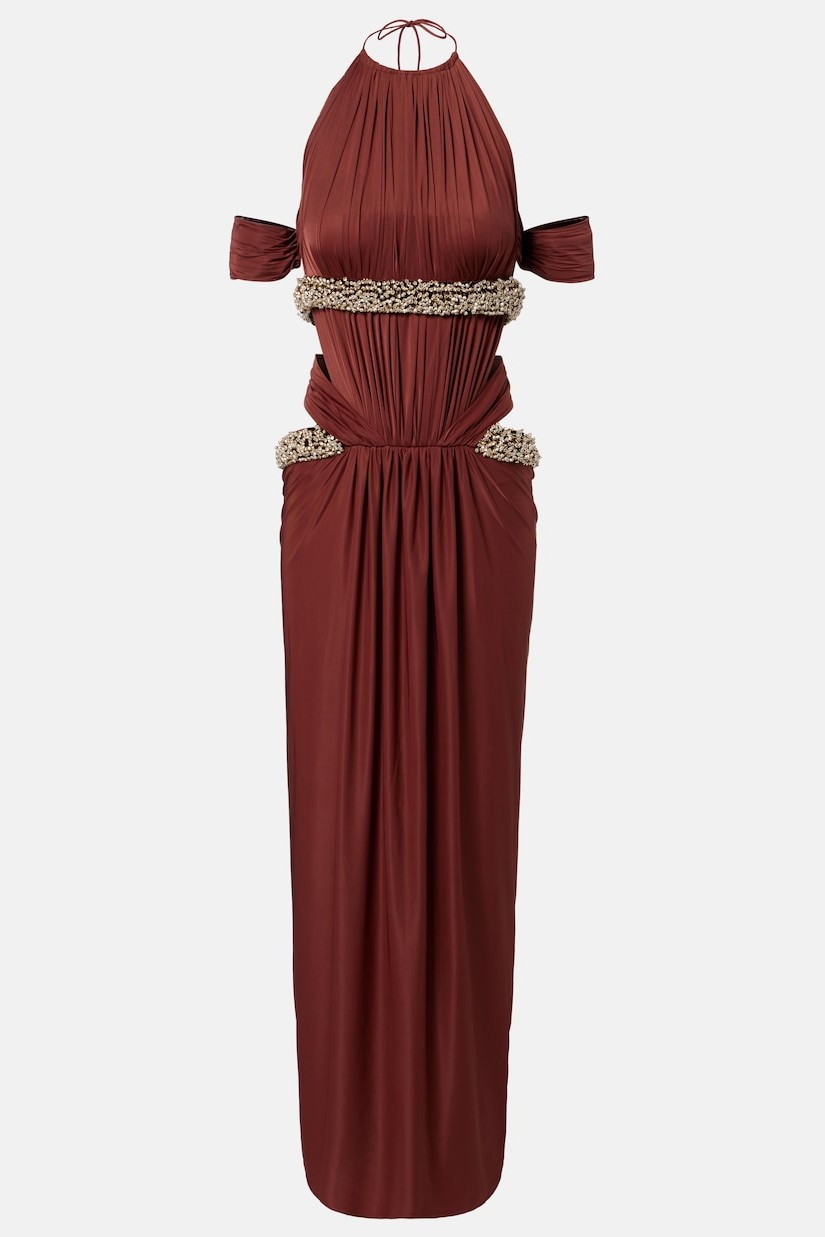 Jersey Rhinestone Rivets Halter Neck Gathering Midi Dress