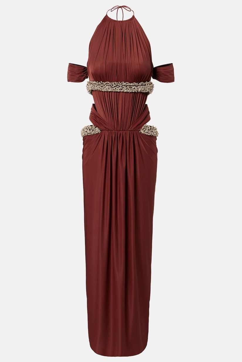Jersey Rhinestone Rivets Halter Neck Gathering Midi Dress
