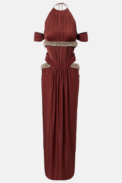 Jersey Rhinestone Rivets Halter Neck Gathering Midi Dress