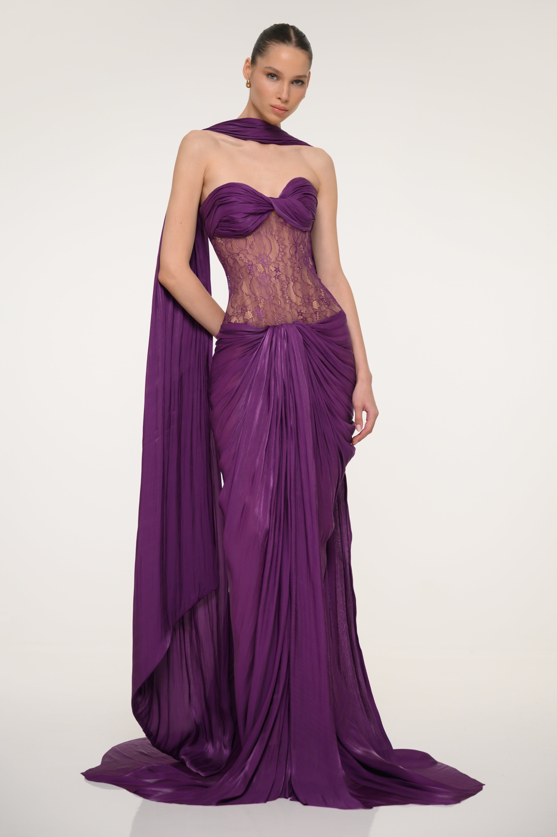 Satin Splicing Lace Gathering Maxi Dress