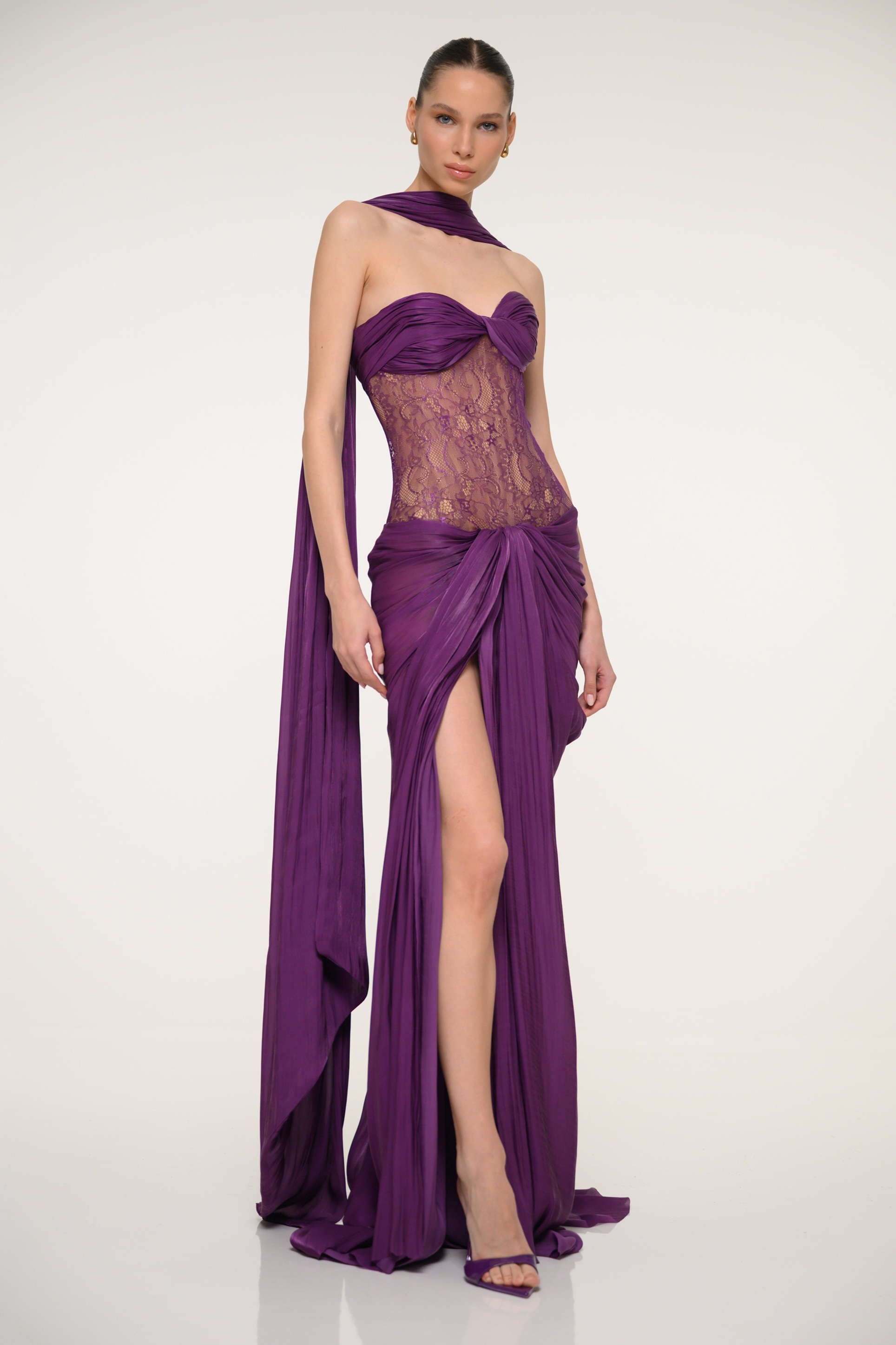 Satin Splicing Lace Gathering Maxi Dress