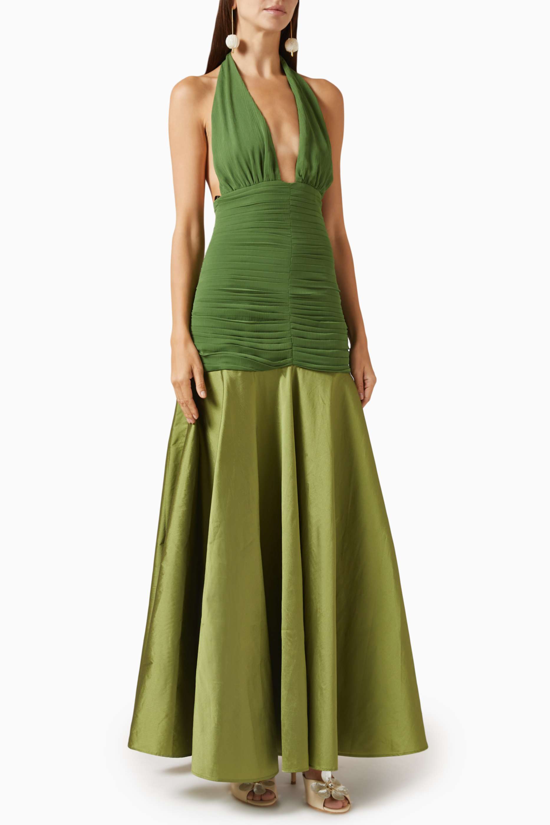 Satin Splicing Chiffon Pleated Halter Neck Maxi Dress