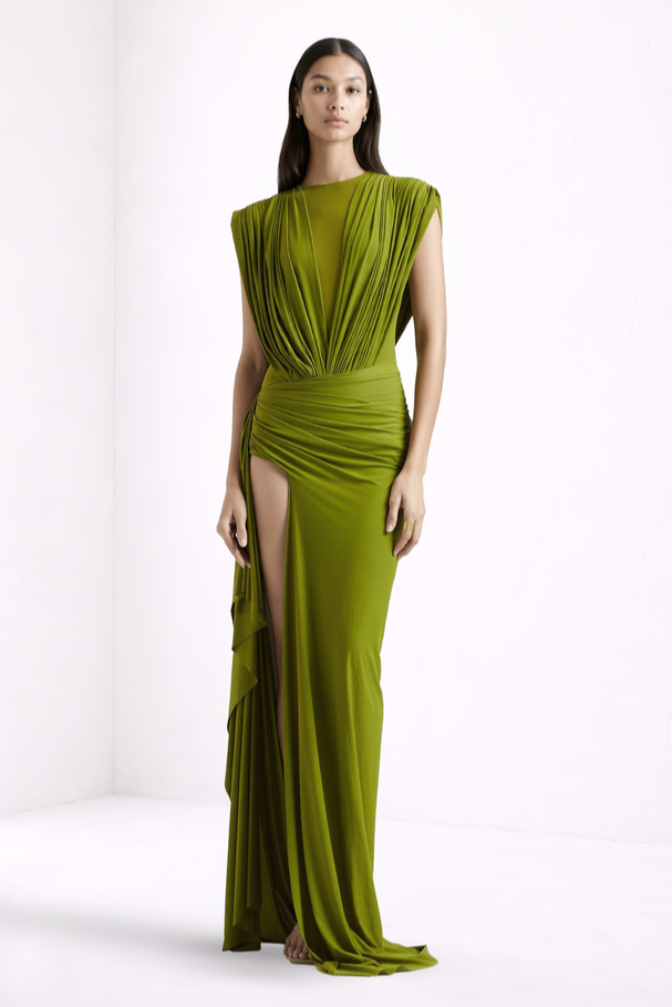 Jersey Ruched Slit Maxi Dress