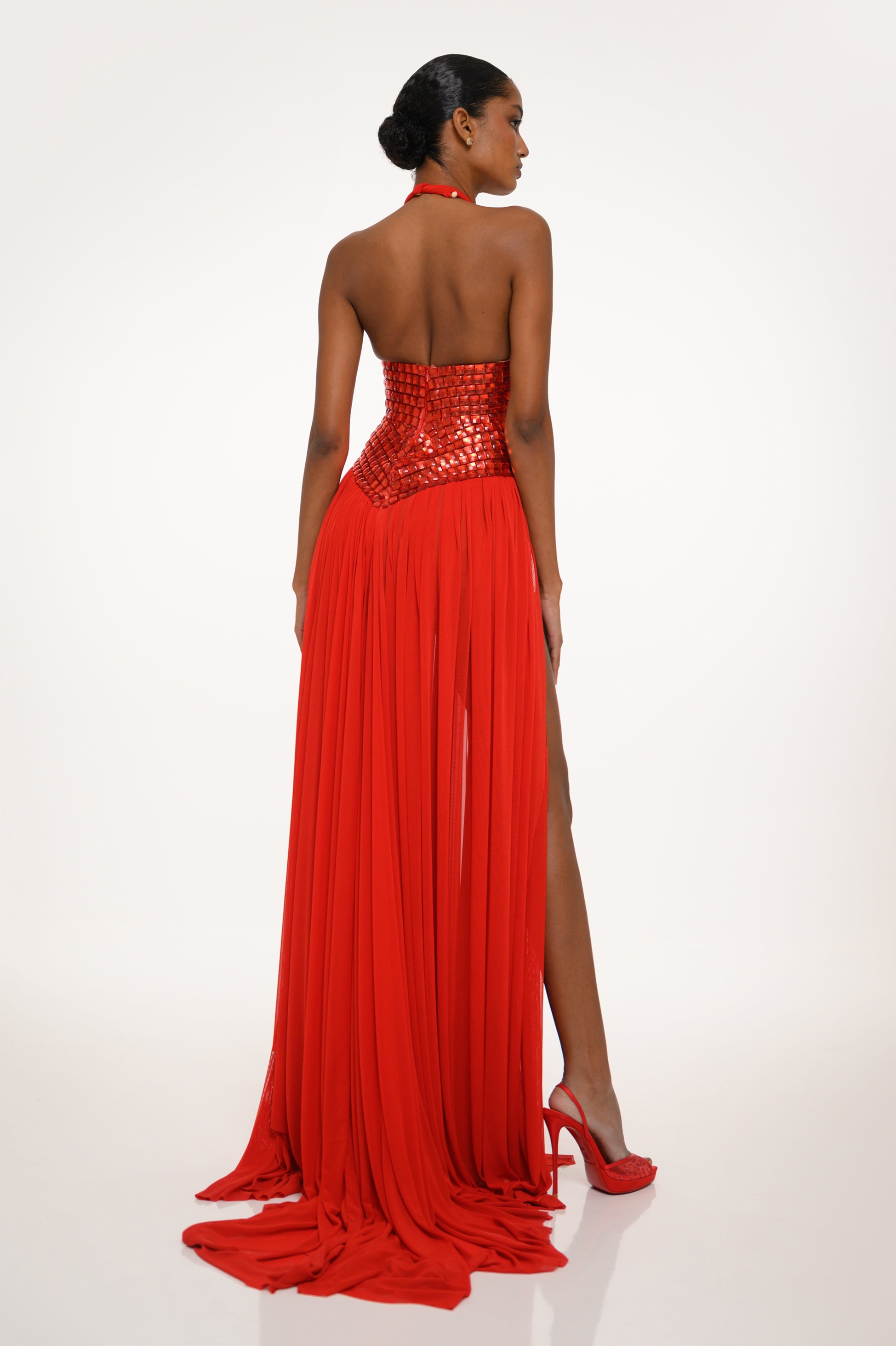 Mesh Rhinestone Halter Neck Maxi Dress