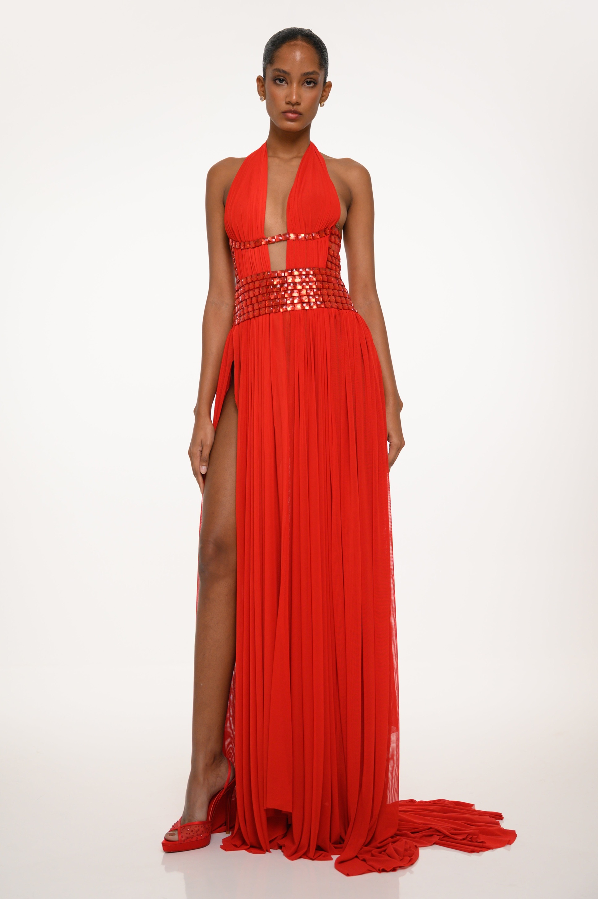 Mesh Rhinestone Halter Neck Maxi Dress