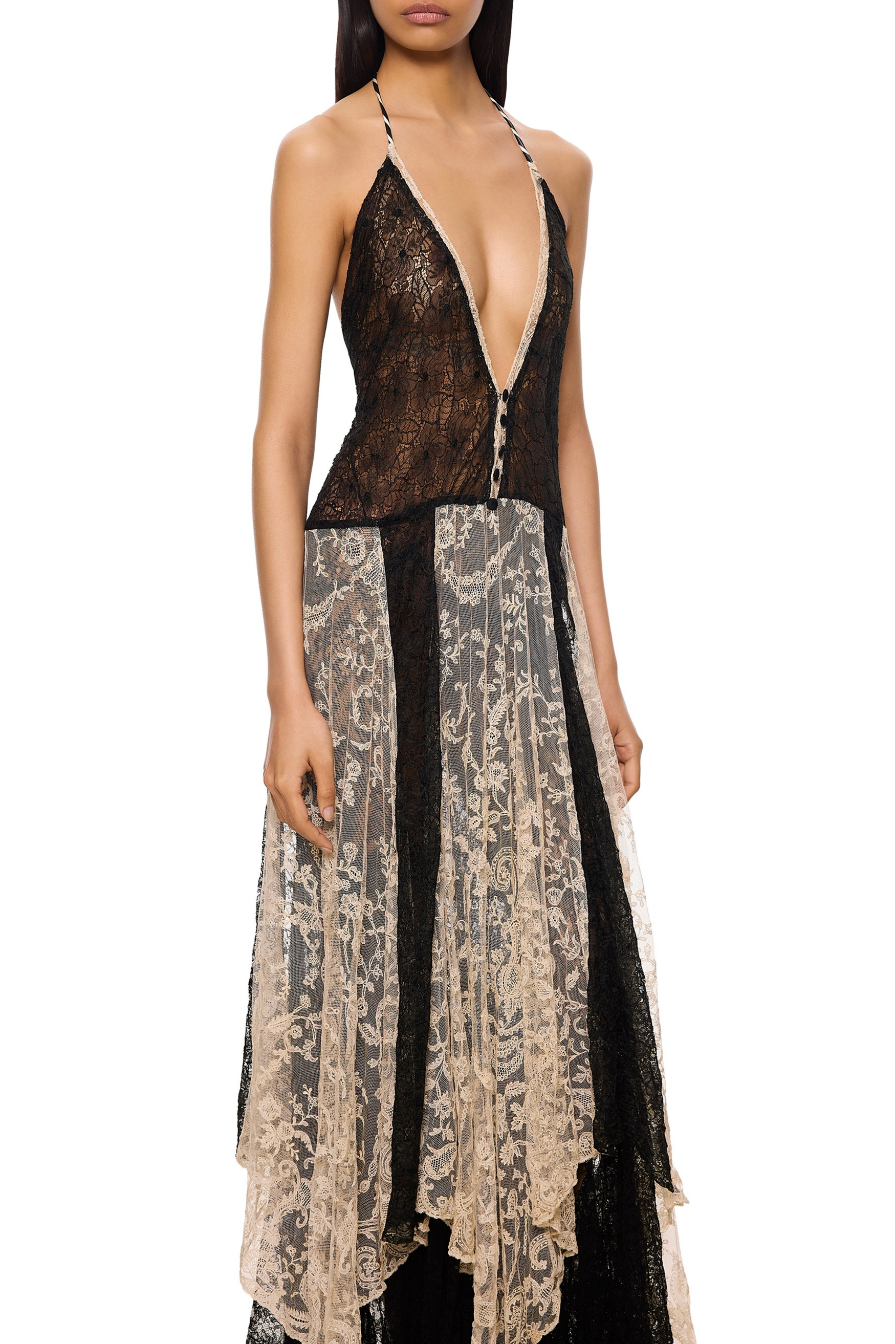 Contrast Color Lace Halter Neck Maxi Dress