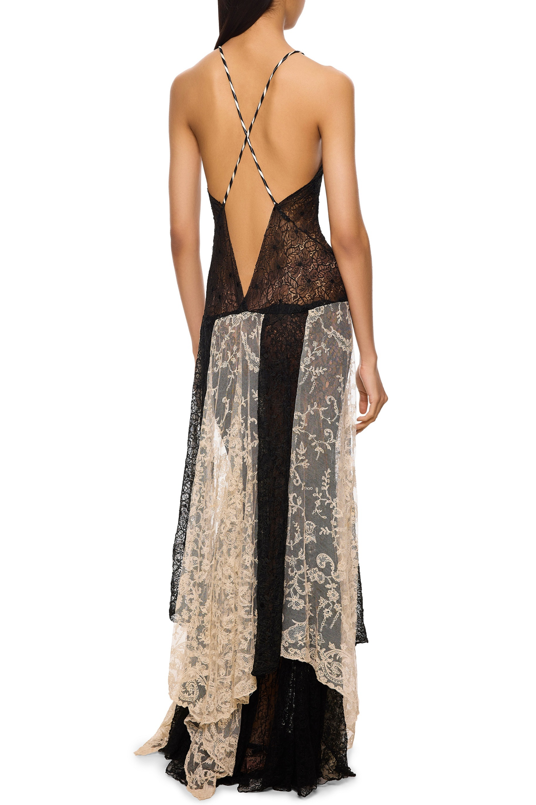 Contrast Color Lace Halter Neck Maxi Dress