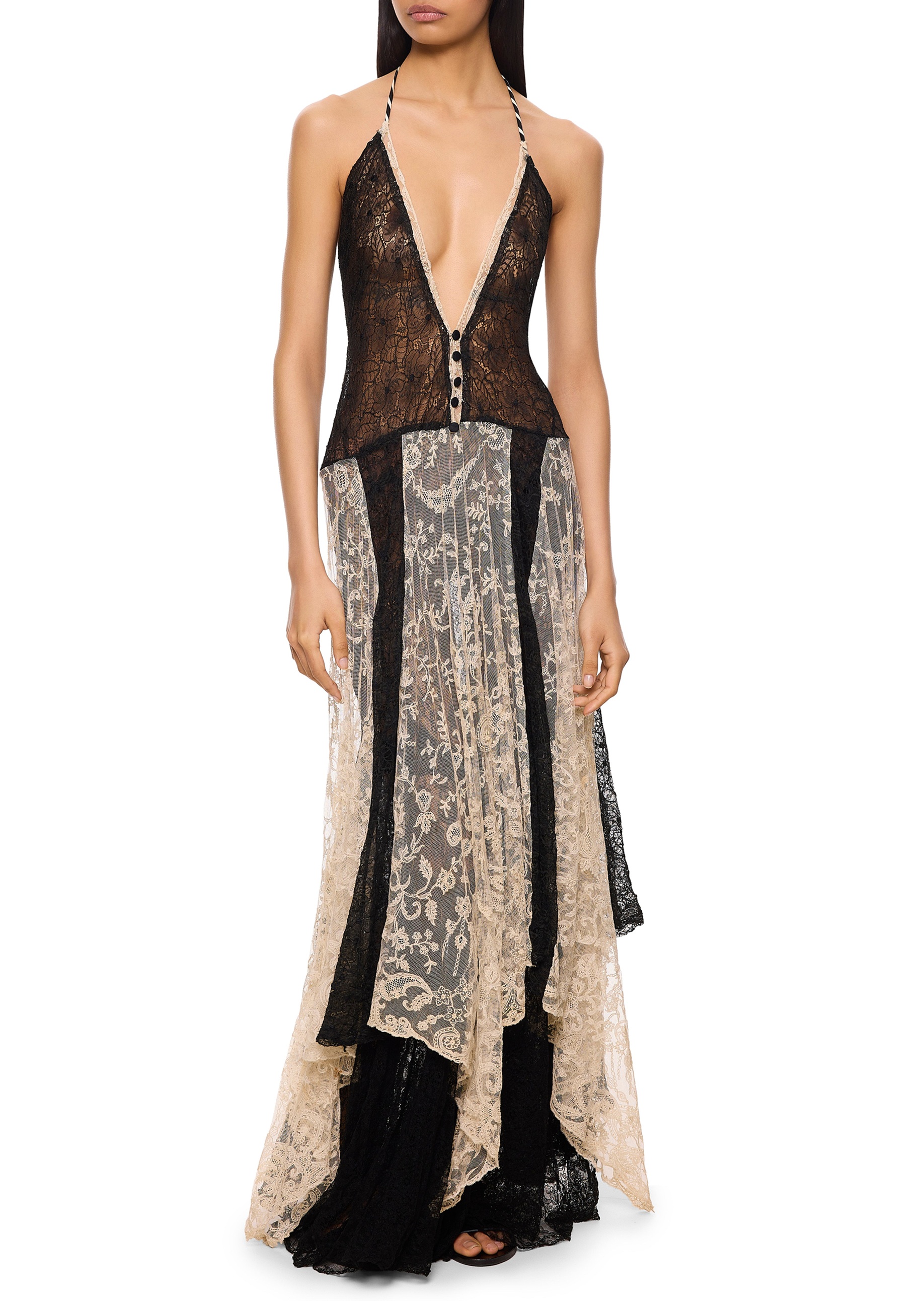 Contrast Color Lace Halter Neck Maxi Dress