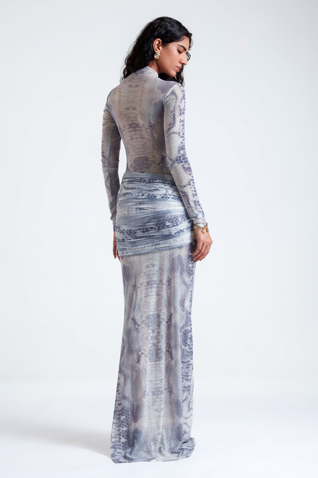 Abstract Print Gathering Long Sleeve Maxi Dress