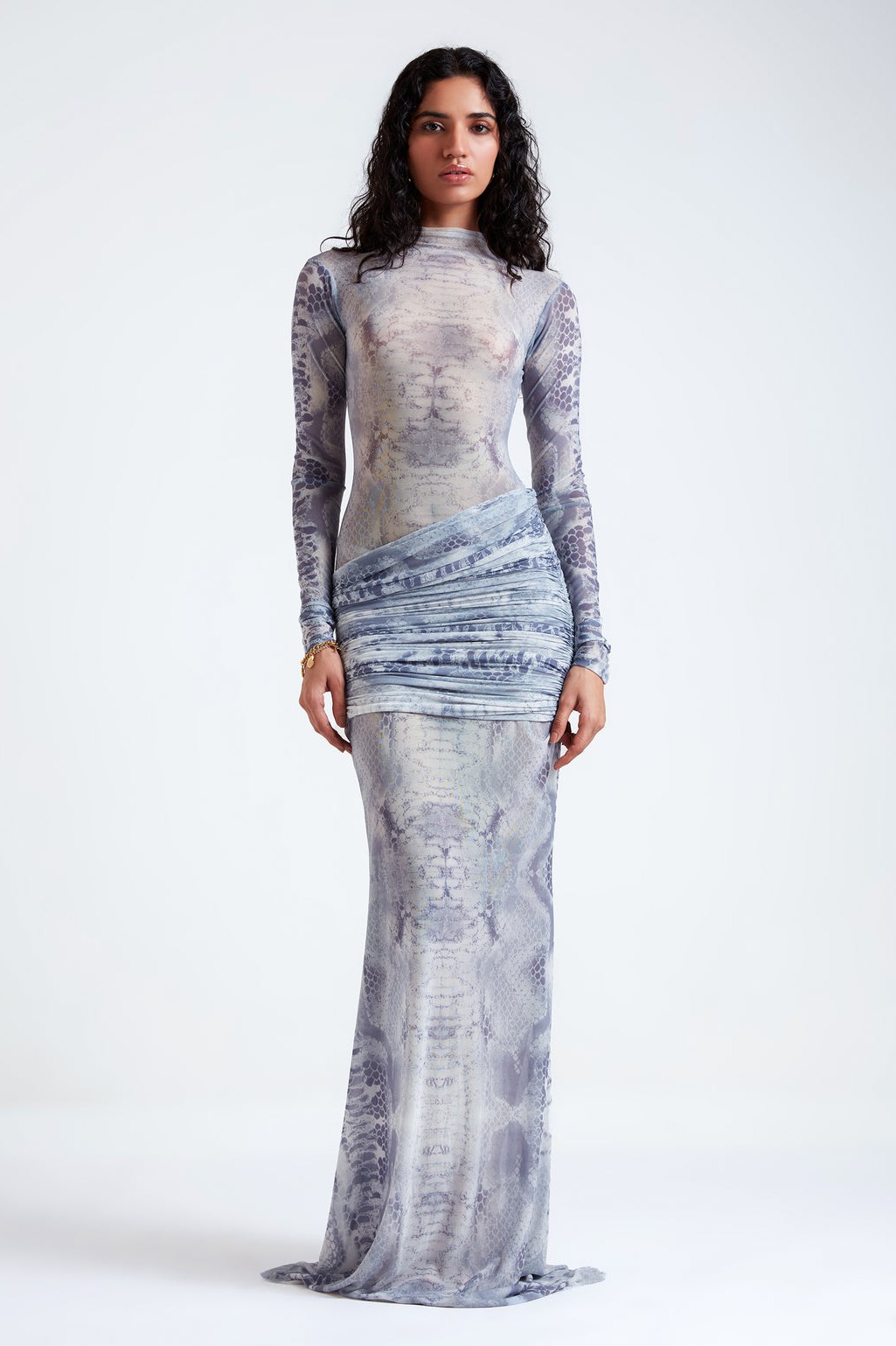 Abstract Print Gathering Long Sleeve Maxi Dress
