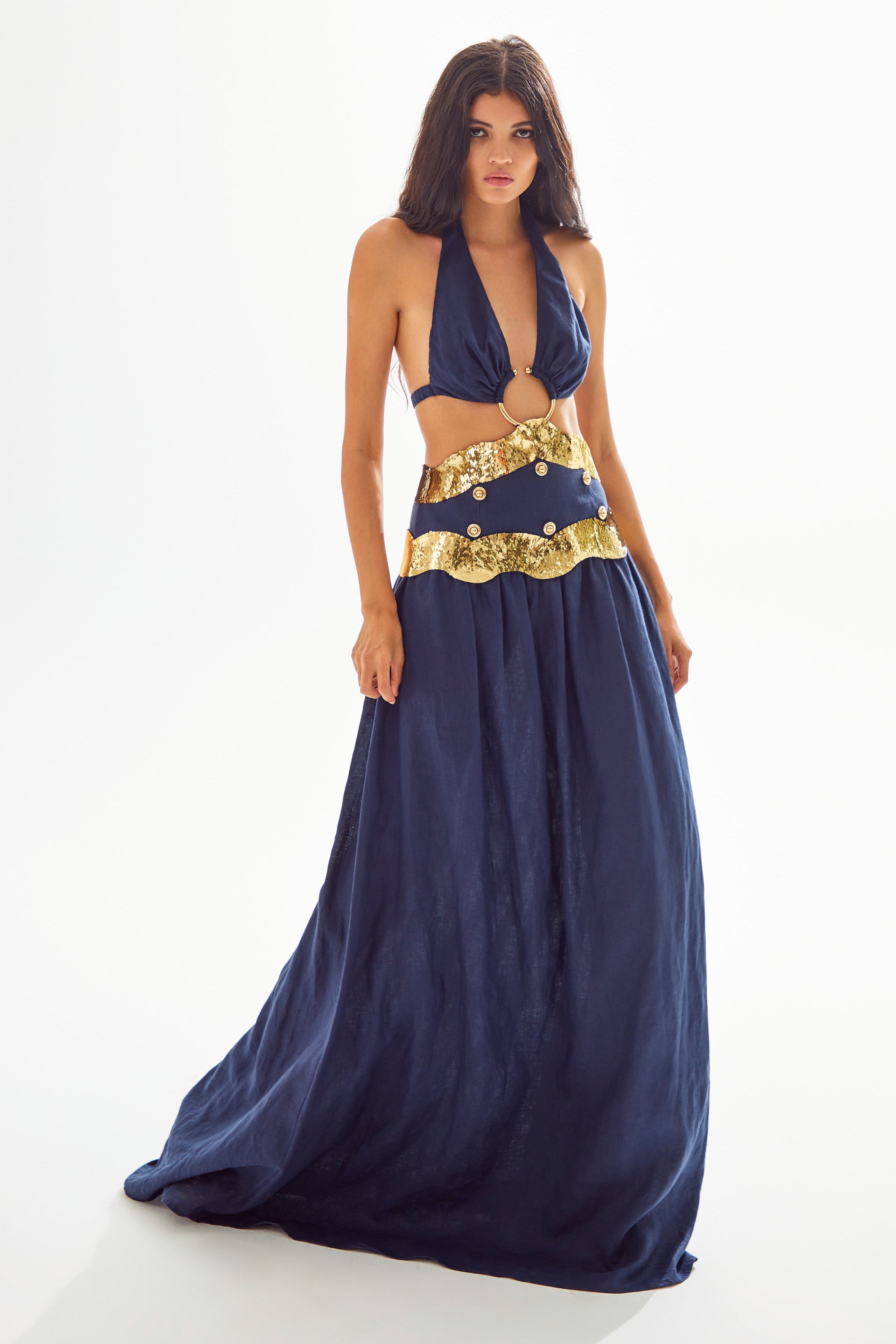 Contrast Color Sequin Cut-Out Maxi Dress