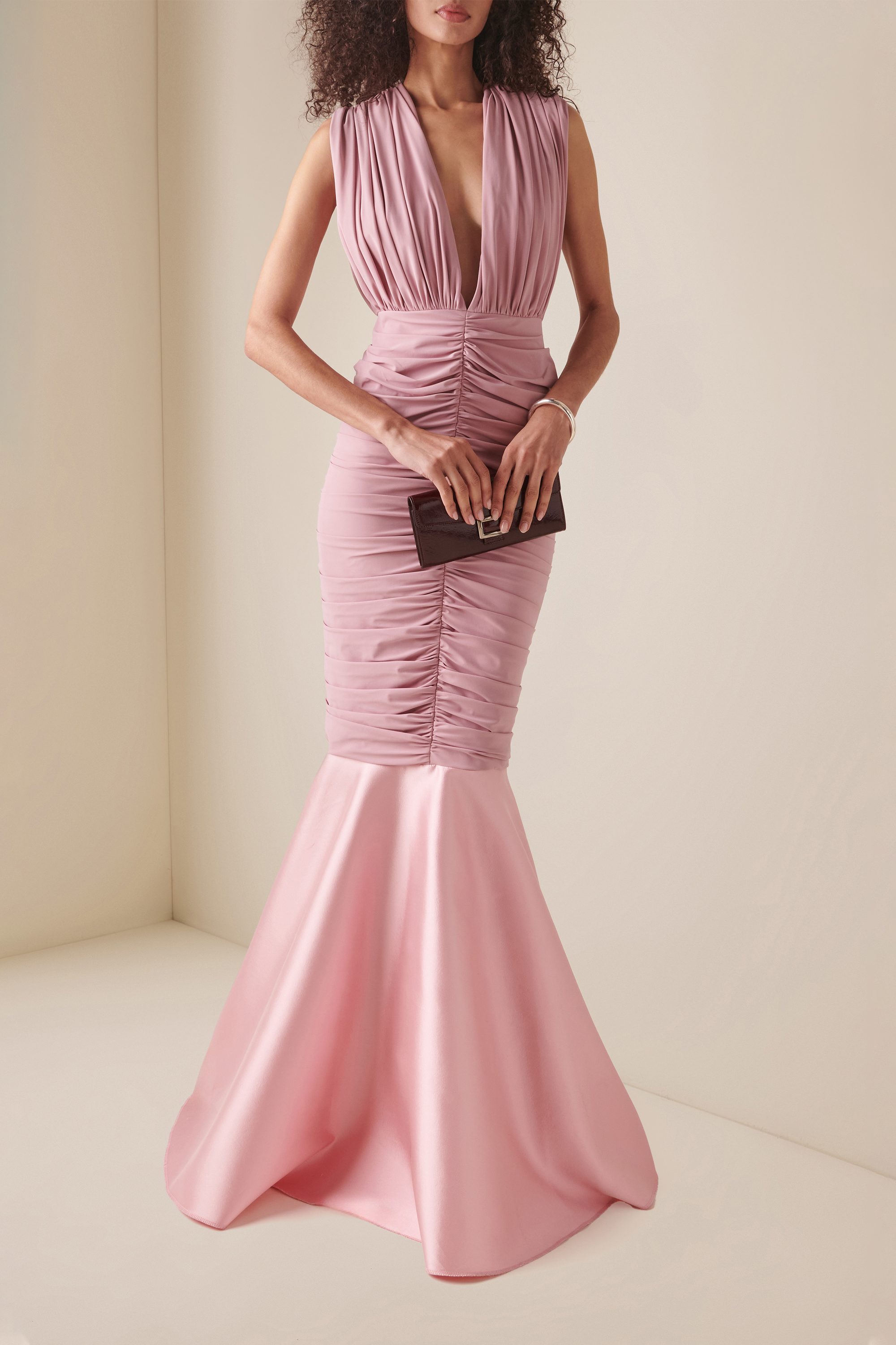 Satin Ruched V-Neck Maxi Dress