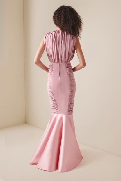 Satin Ruched V-Neck Maxi Dress