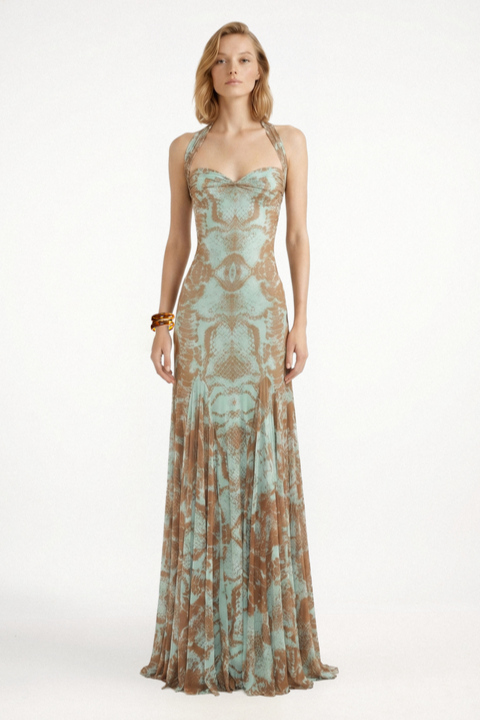Abstract Print Halter Neck Sweetheart Neck Maxi Dress