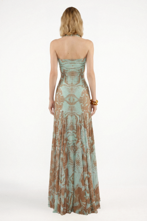 Abstract Print Halter Neck Sweetheart Neck Maxi Dress