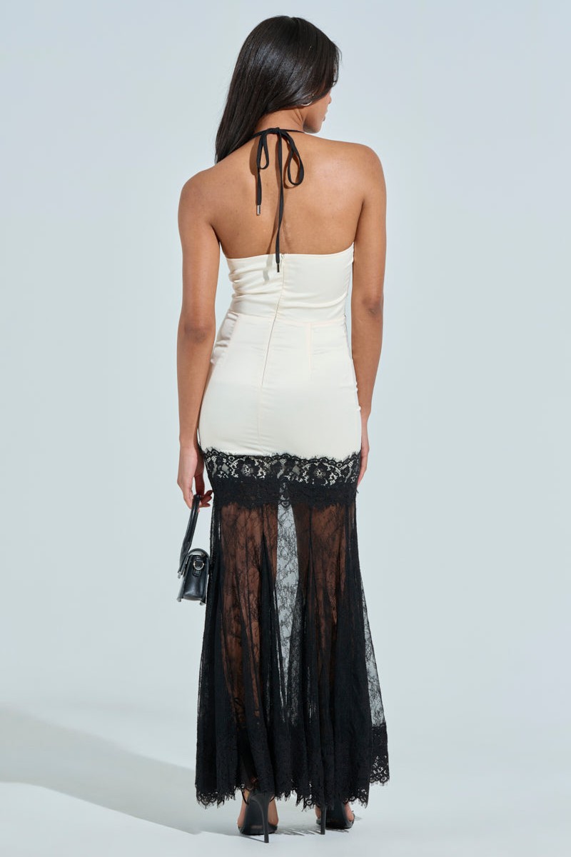 Contrast Color Lace See-Through Maxi Dress