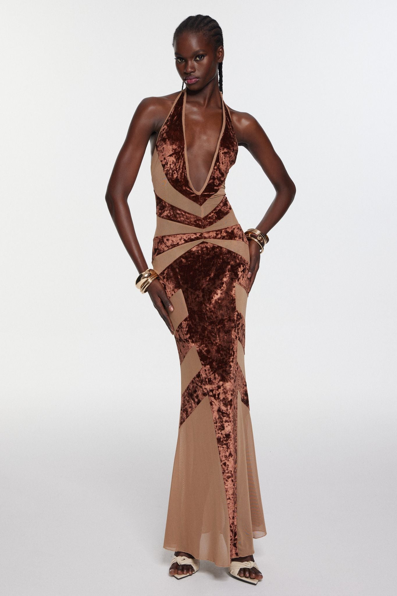 Velvet Splicing Mesh Halter Neck Maxi Dress