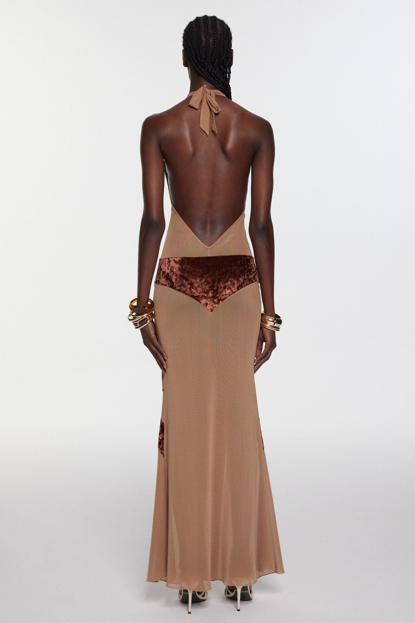 Velvet Splicing Mesh Halter Neck Maxi Dress