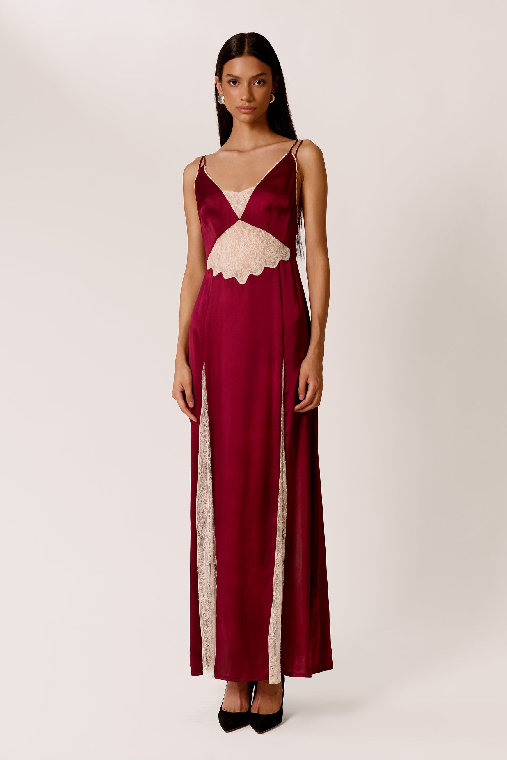 Satin Splicing Lace Slip Midi Dress