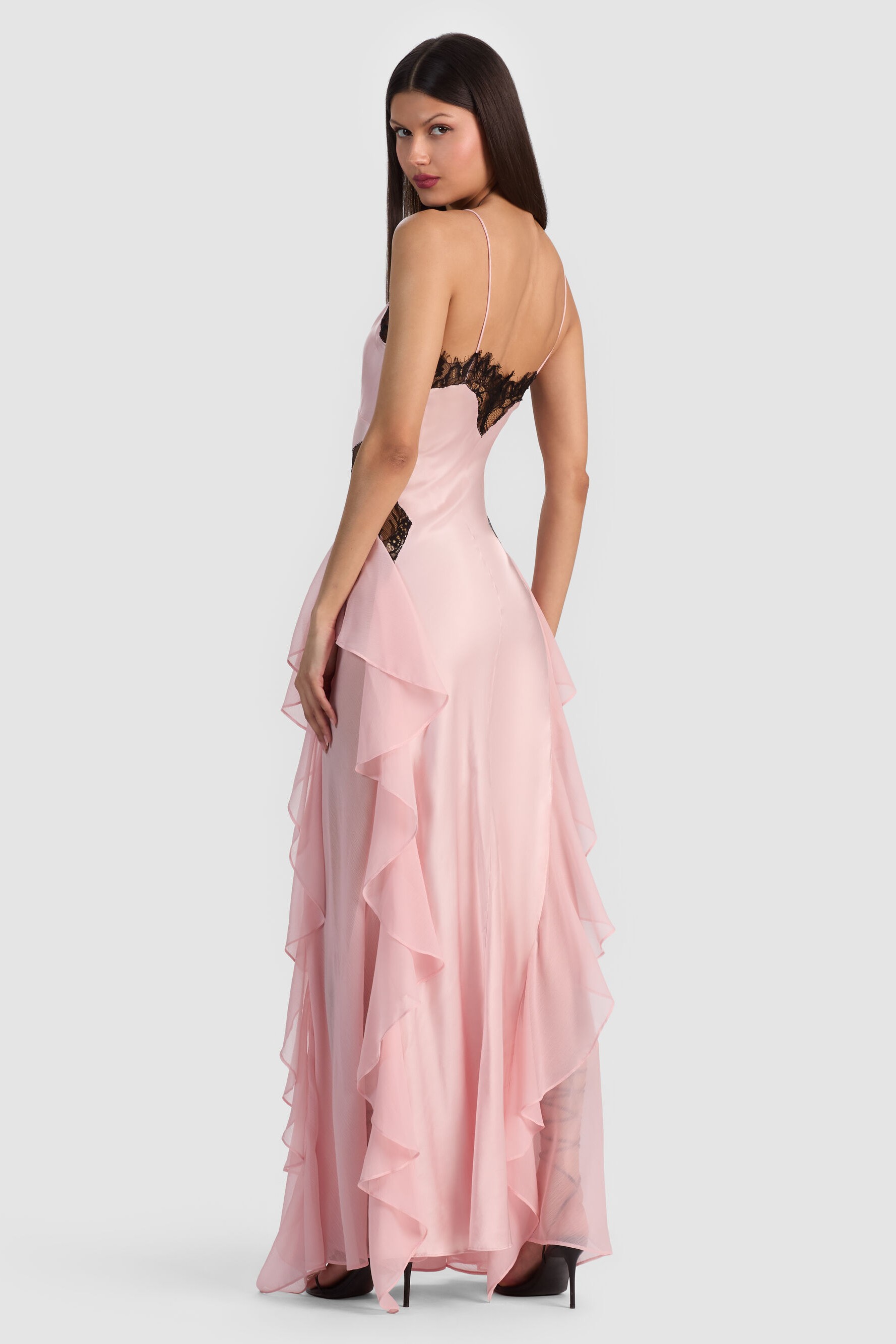 Satin Splicing Chiffon Ruffle Maxi Dress