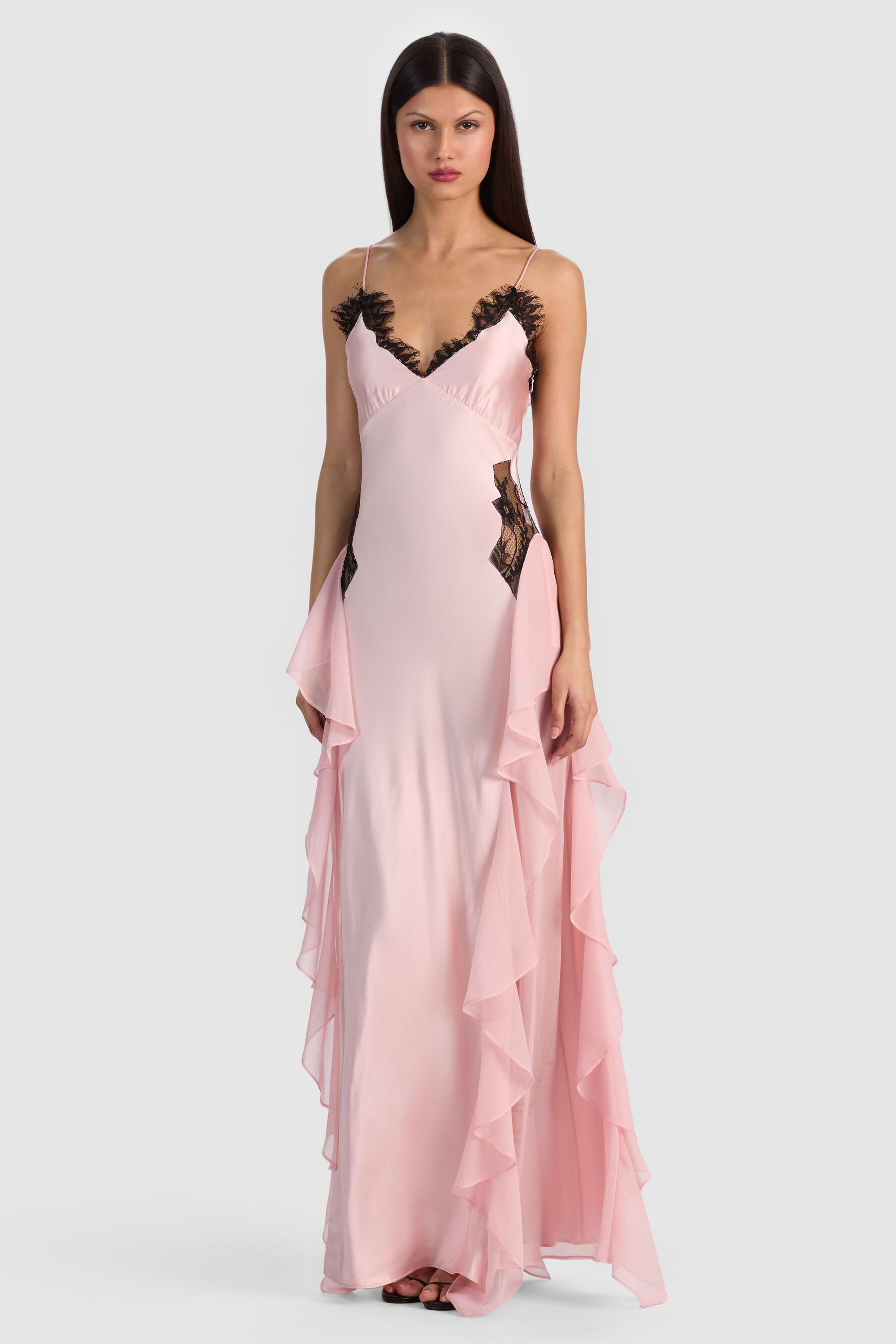 Satin Splicing Chiffon Ruffle Maxi Dress
