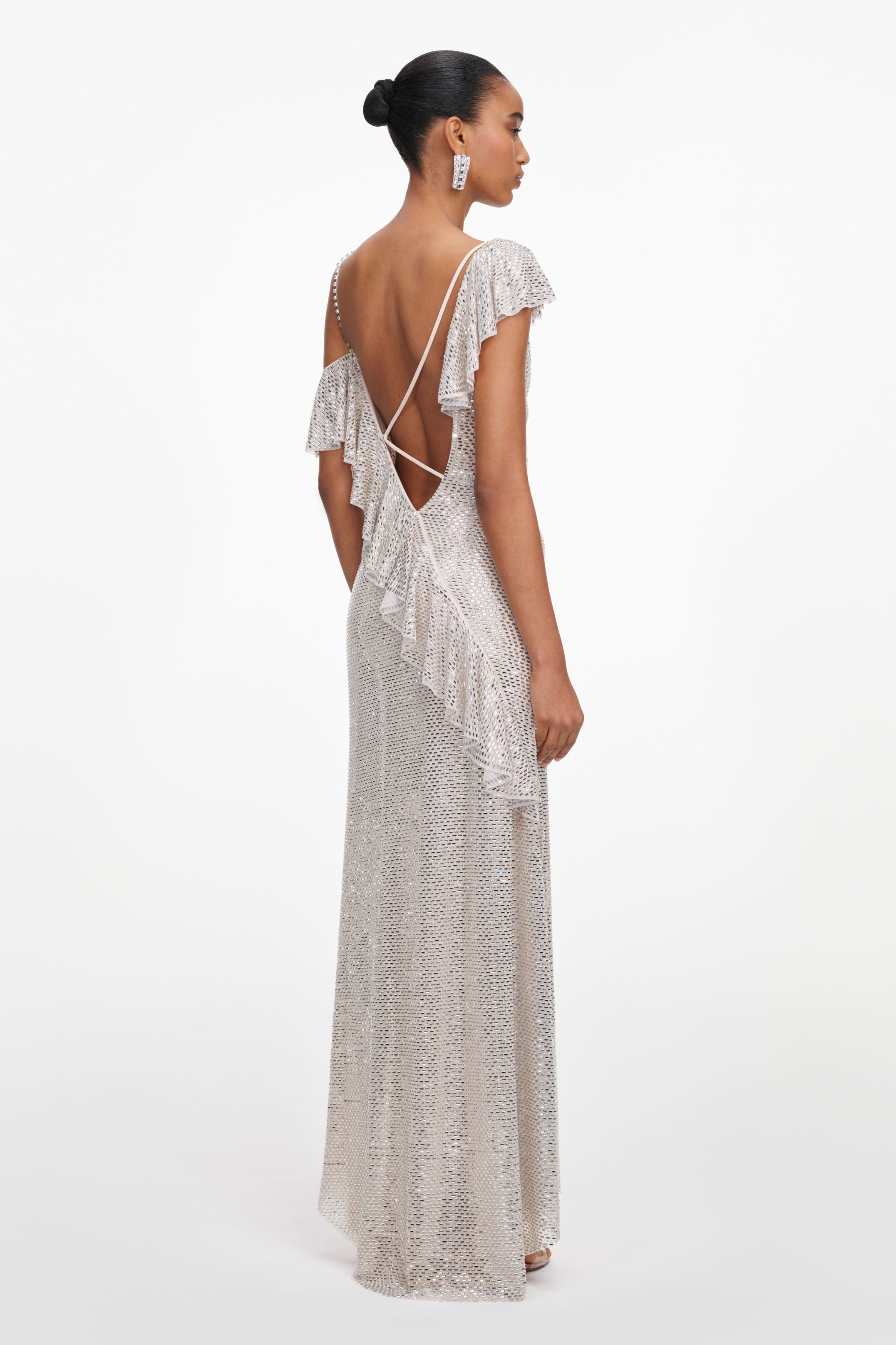 Rhinestone Asymmetrical Sleeve Slip Midi Dress