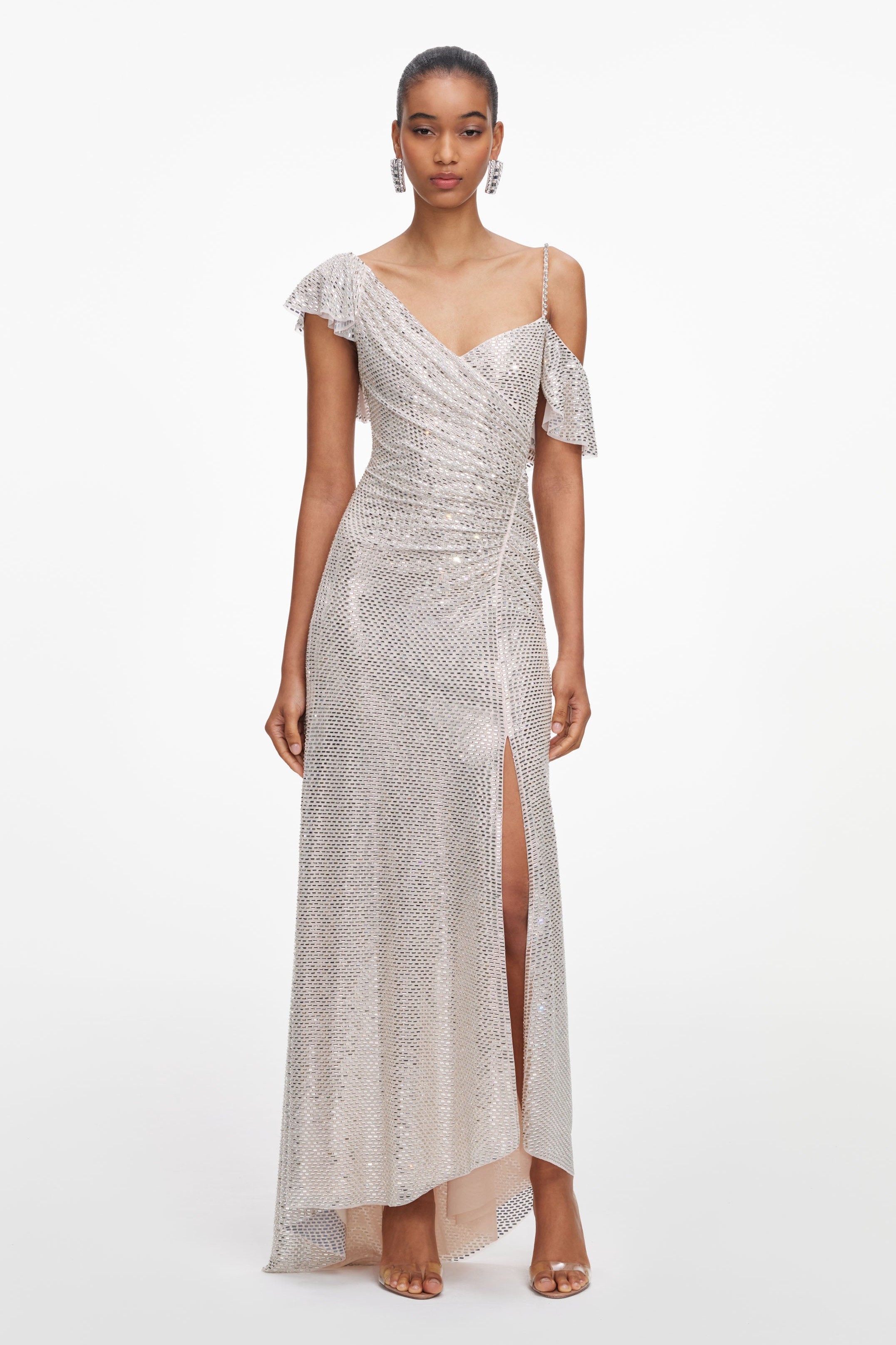 Rhinestone Asymmetrical Sleeve Slip Midi Dress