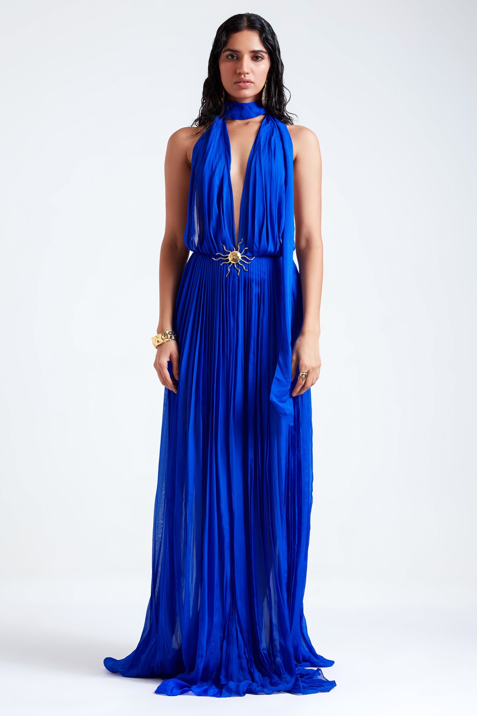 Chiffon Pleated V-Neck Maxi Dress