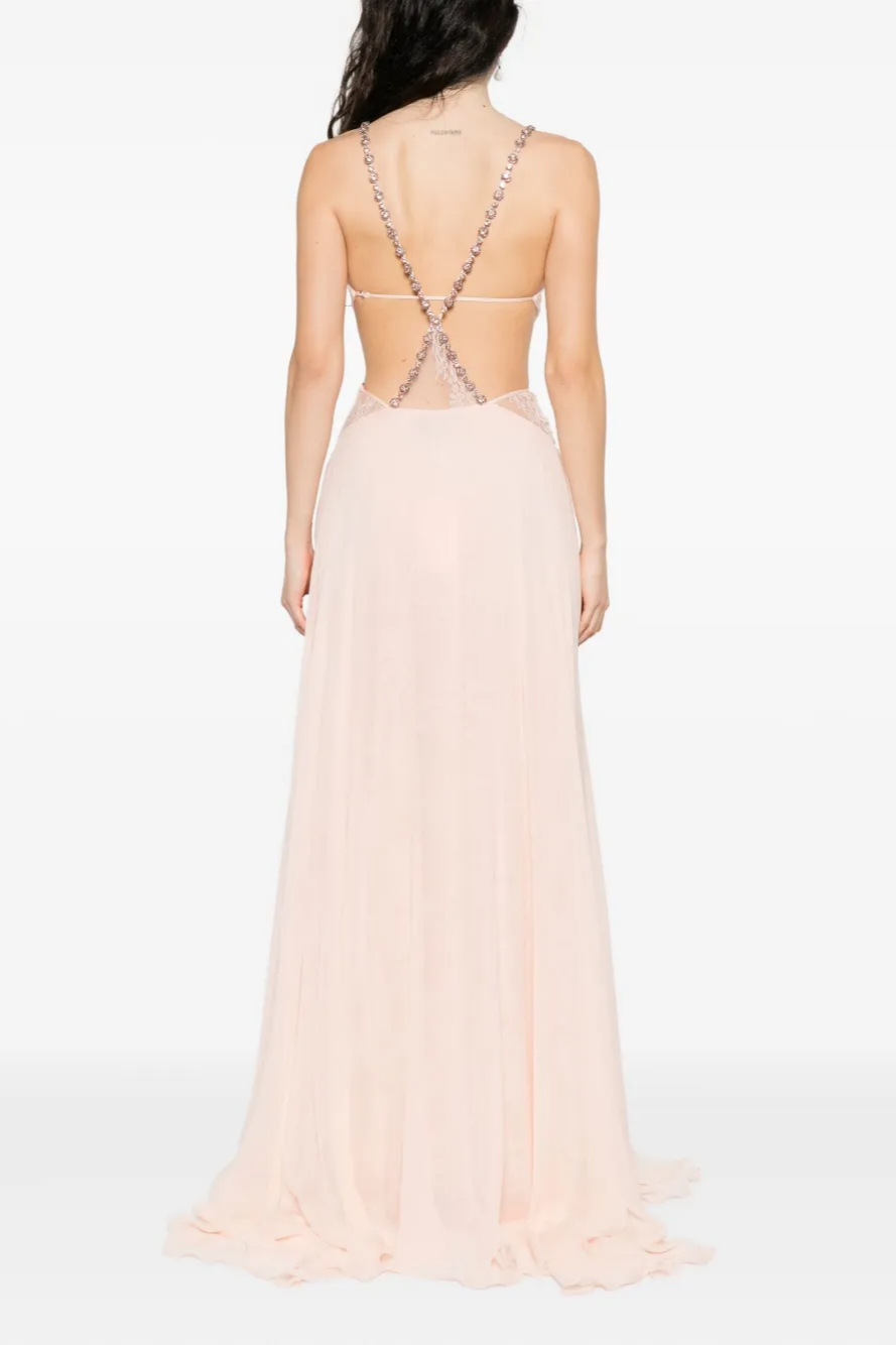 Lace Rhinestone Cut-Out Maxi Dress