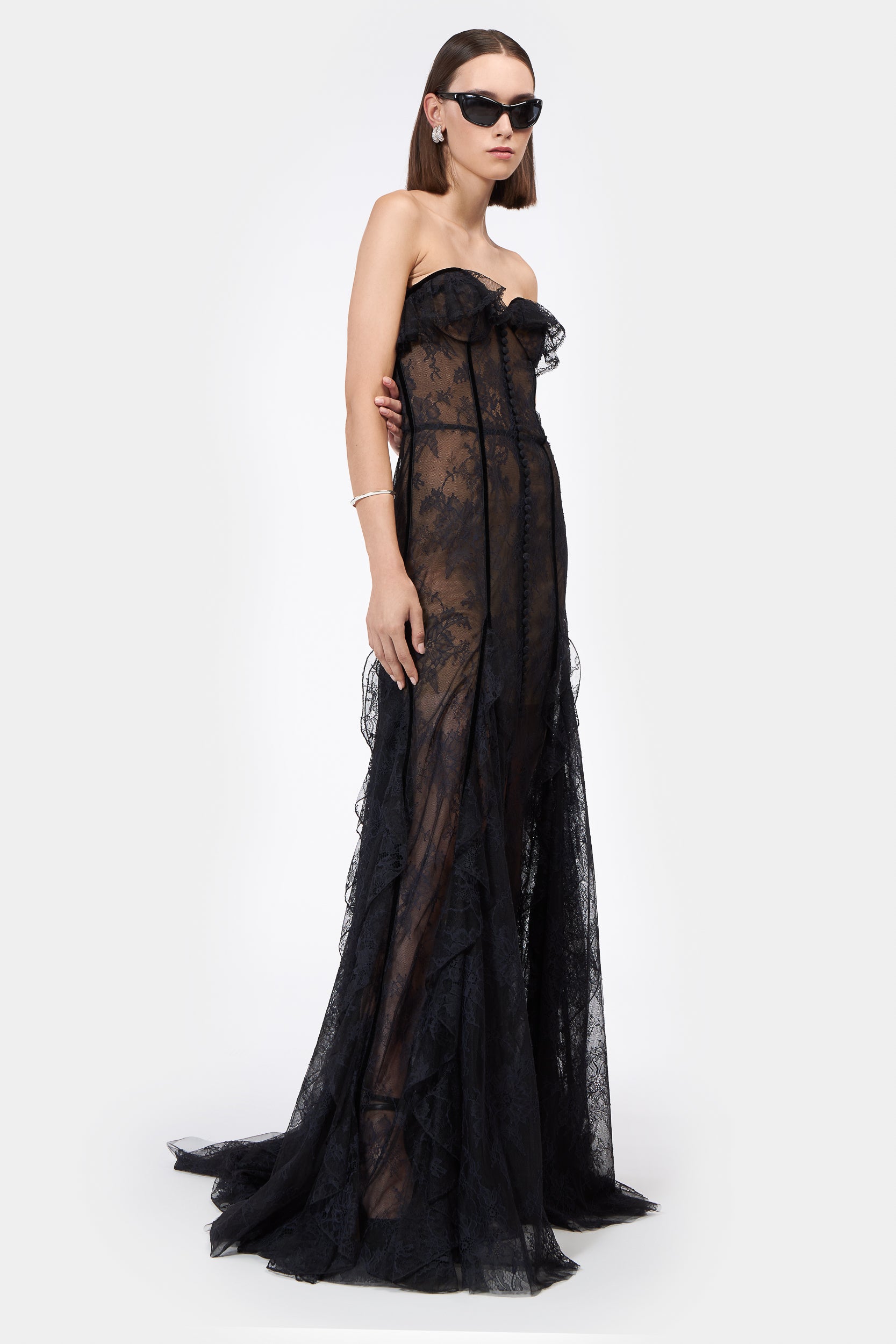 Lace Ruffle Single Breasted Maxi Dress
