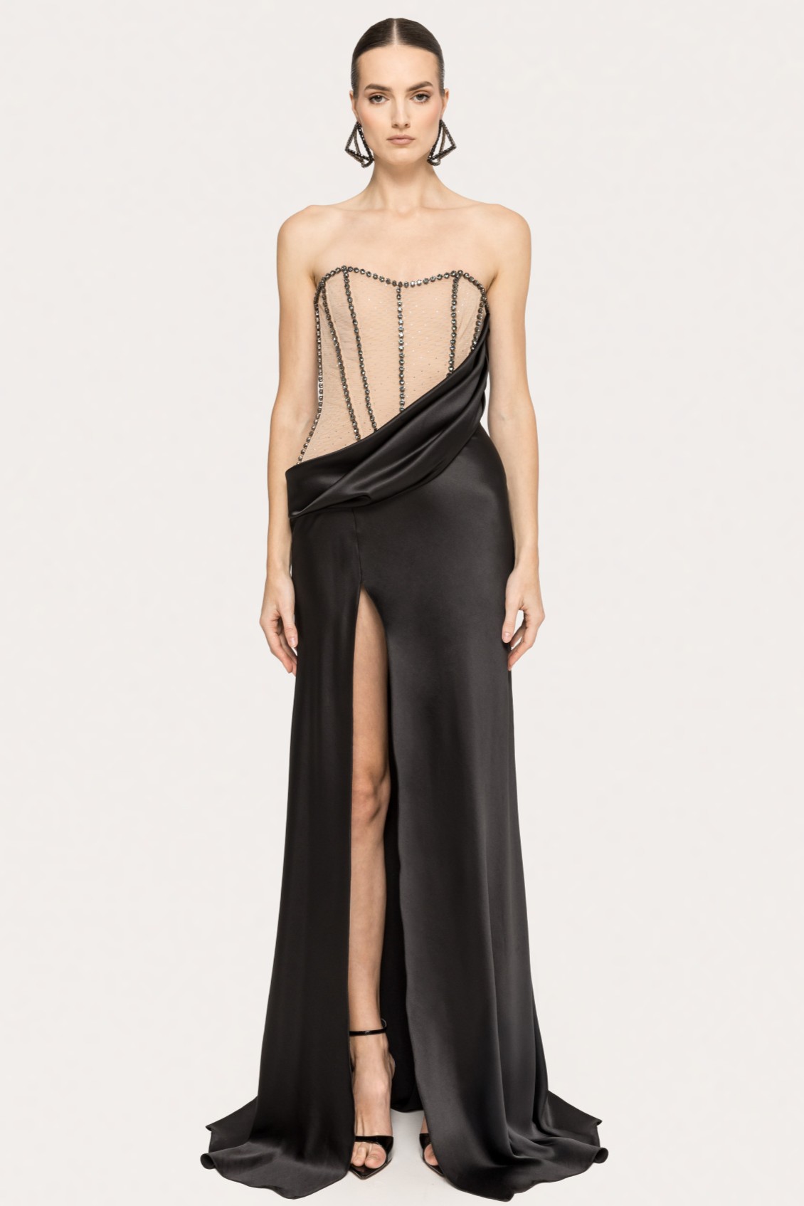 Mesh Splicing Satin Rhinestone Off Shoulder Maxi Dress