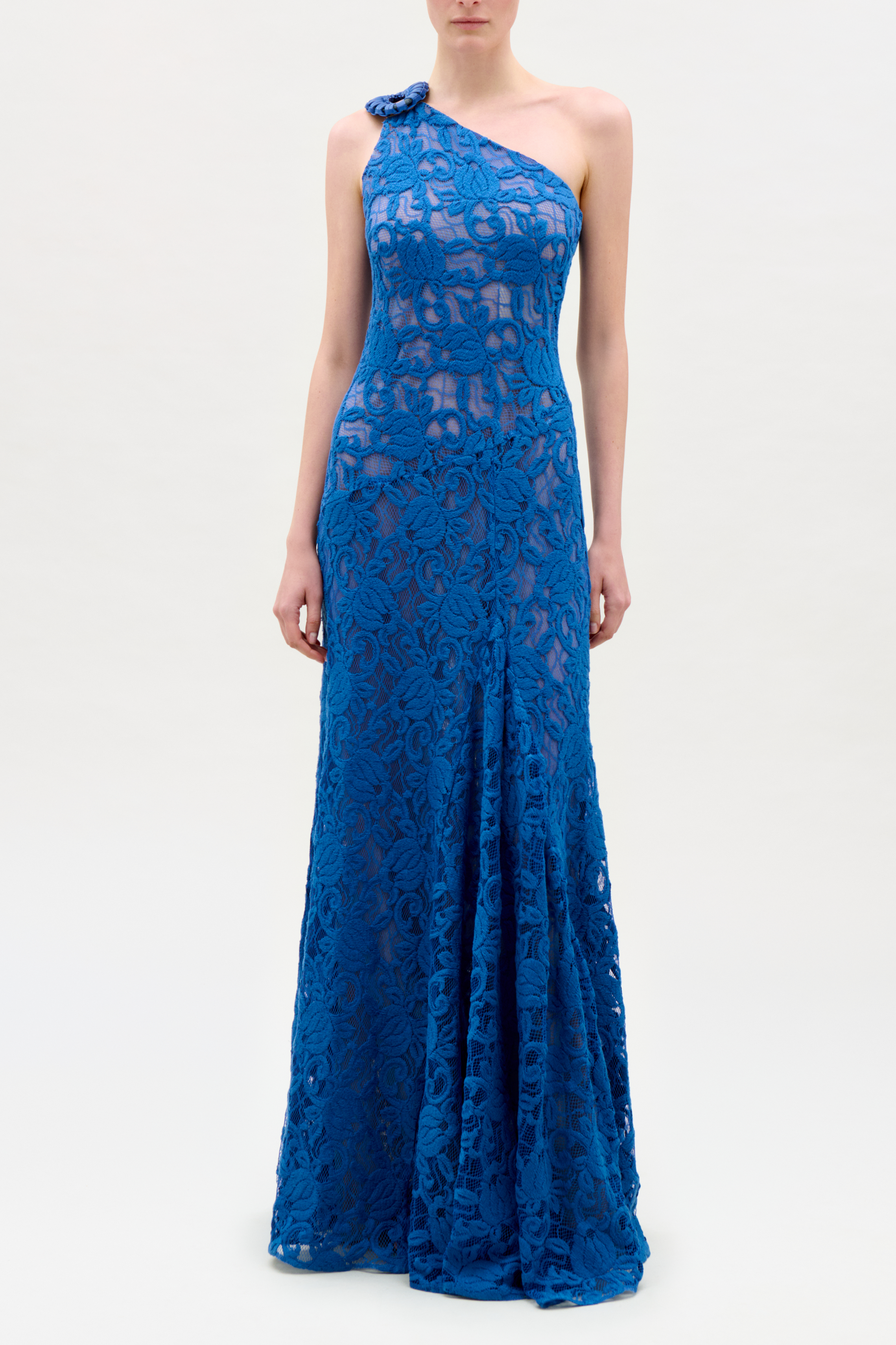Solid Lace One-Shoulder Maxi Dress