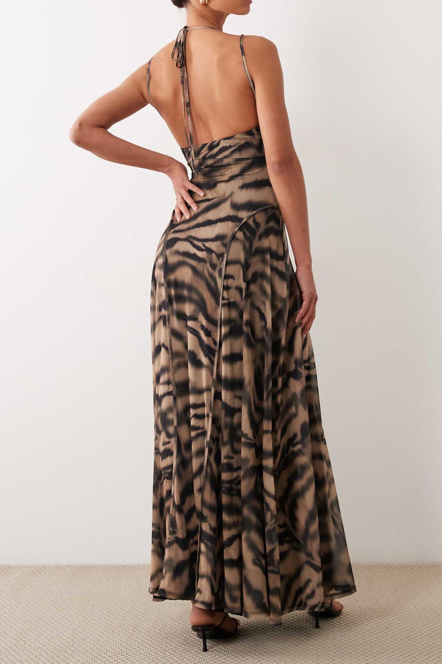 Animal Print Piping Sleeveless Maxi Dress