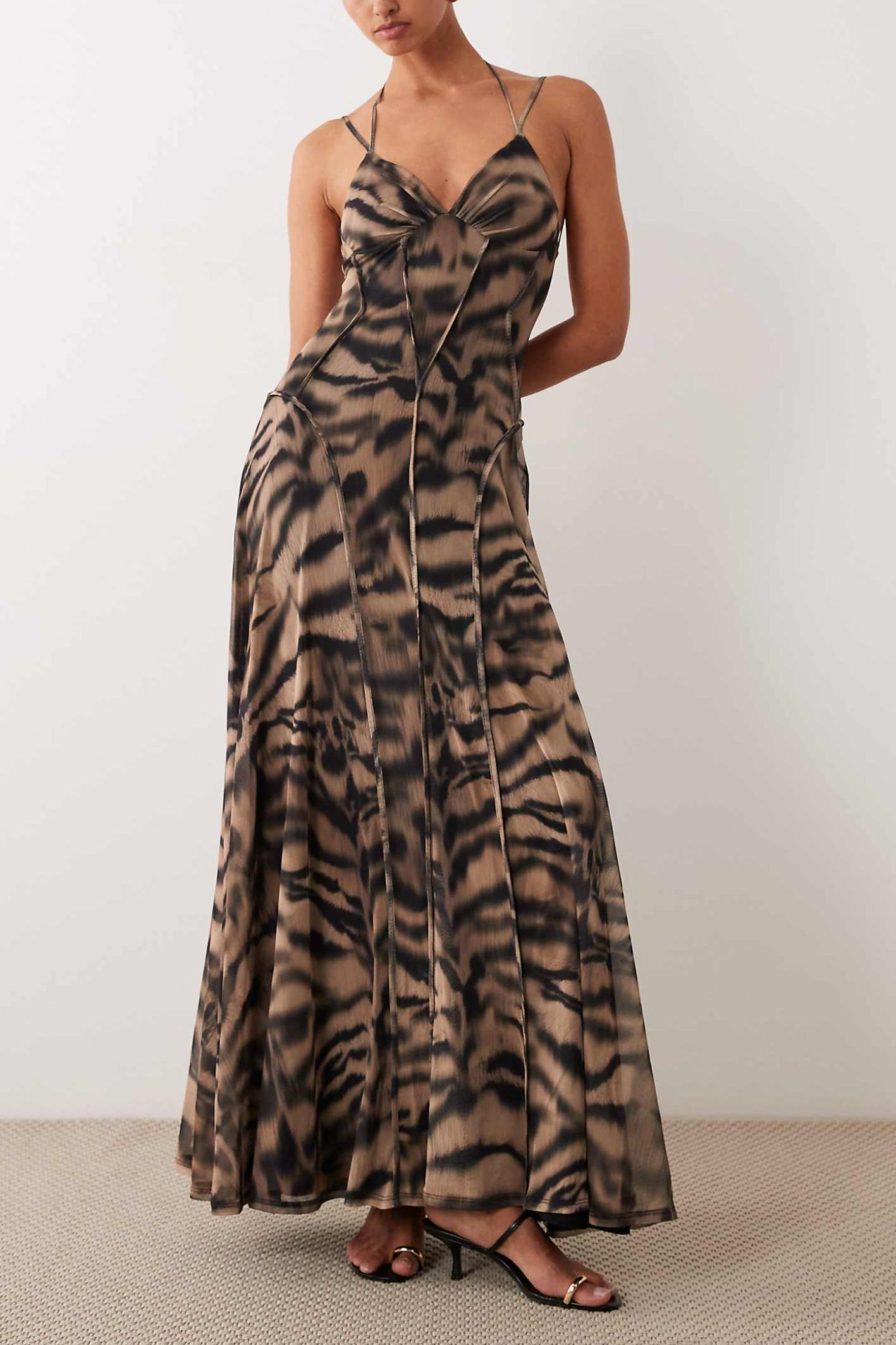 Animal Print Piping Sleeveless Maxi Dress