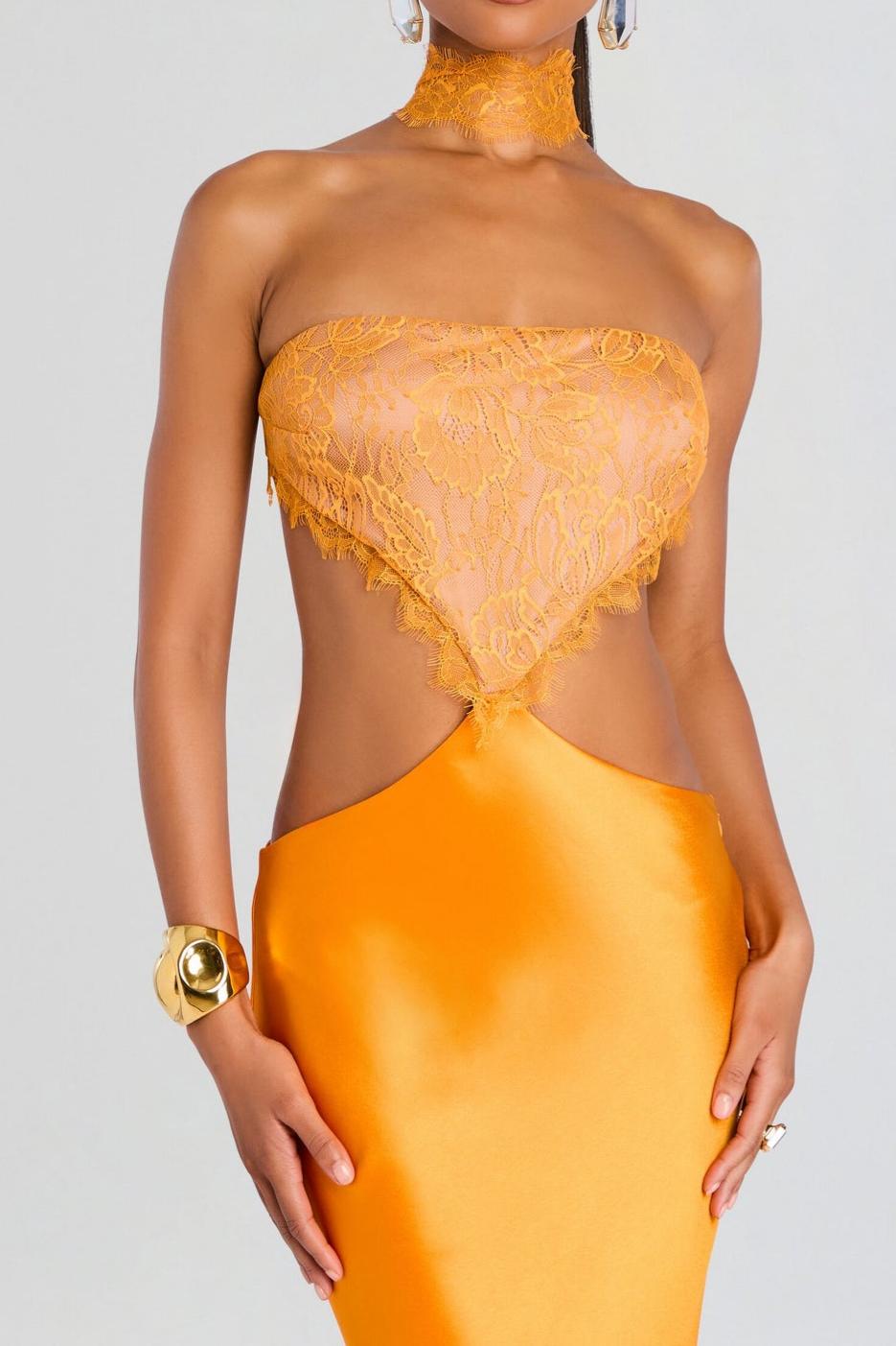 Satin and Lace Spliced Bustier Hollow - out Mermaid Maxi Dress