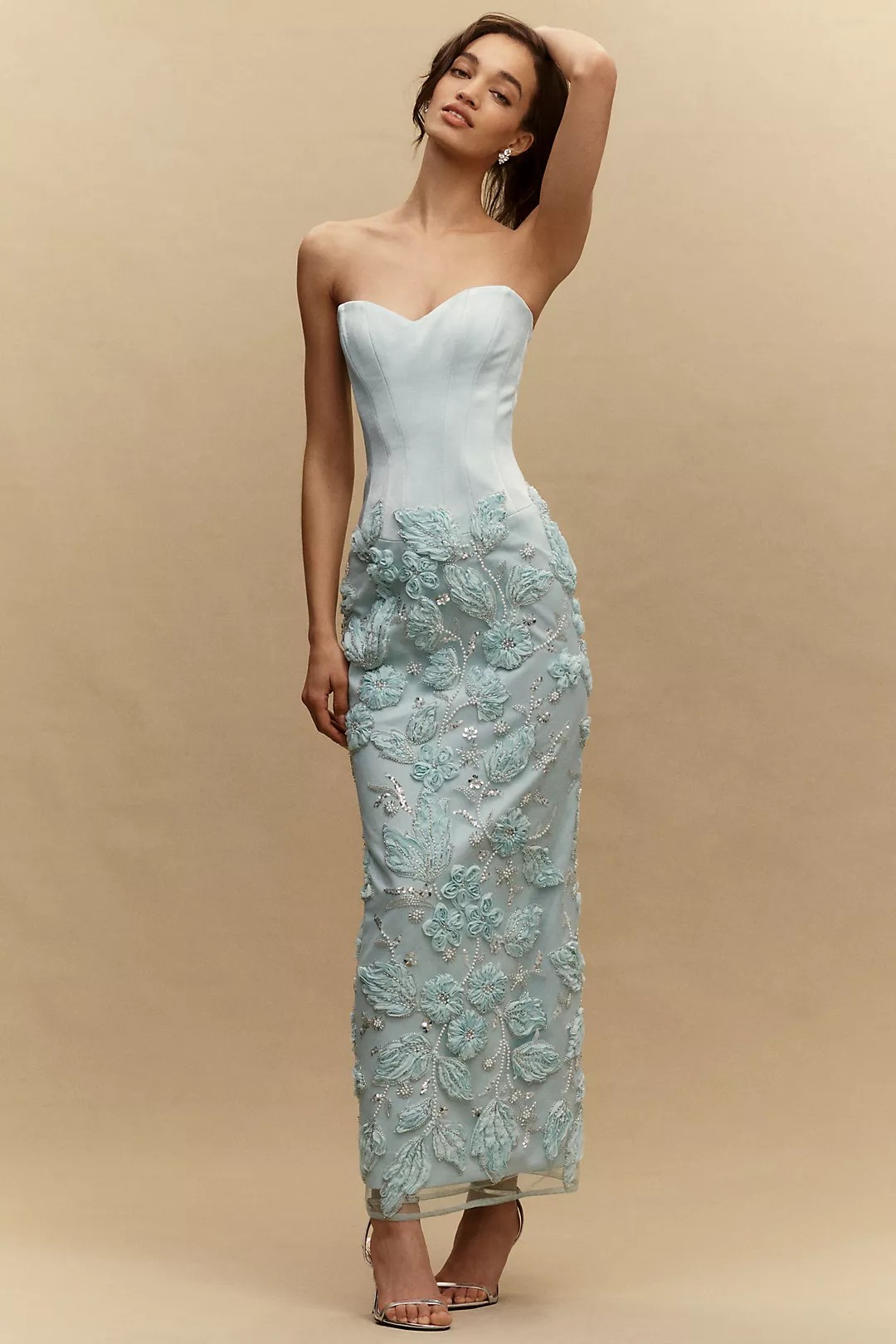 Plain Weave Strapless Beaded Maxi Dress