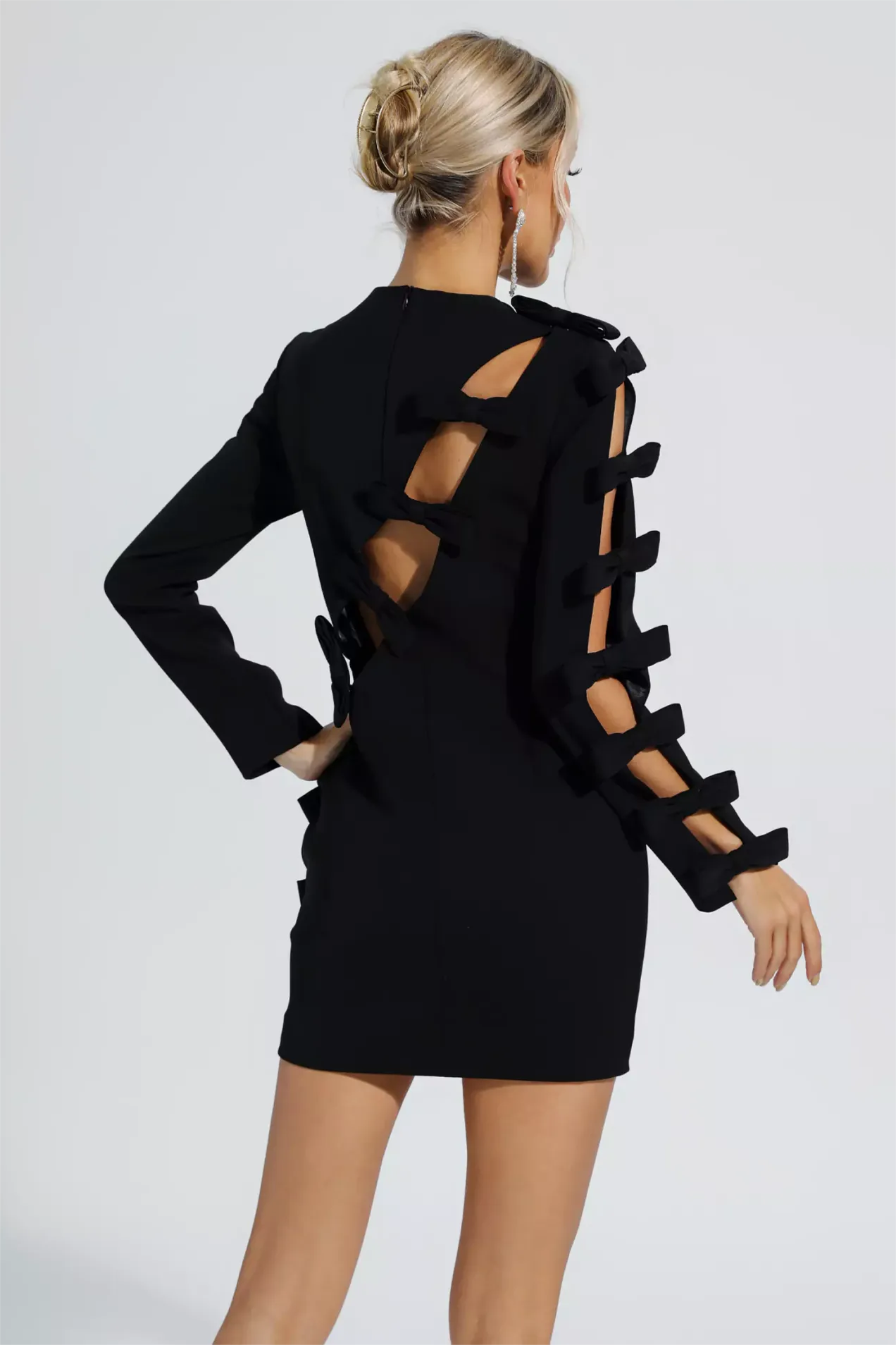 Bow Round Neckline Long Sleeves Mini Dress