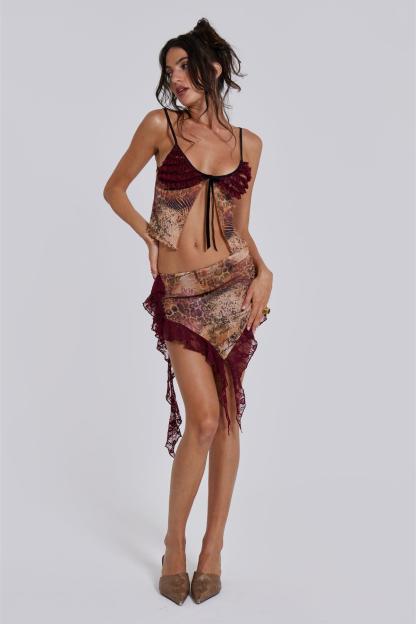 Lace Frill Mesh Slip Top & Splicing Mini Skirt Set