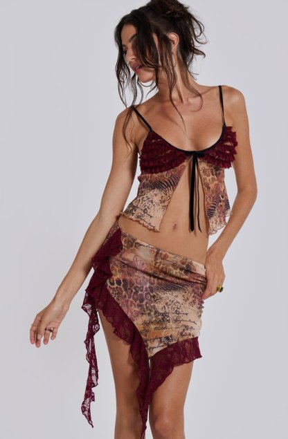 Lace Frill Mesh Slip Top & Splicing Mini Skirt Set