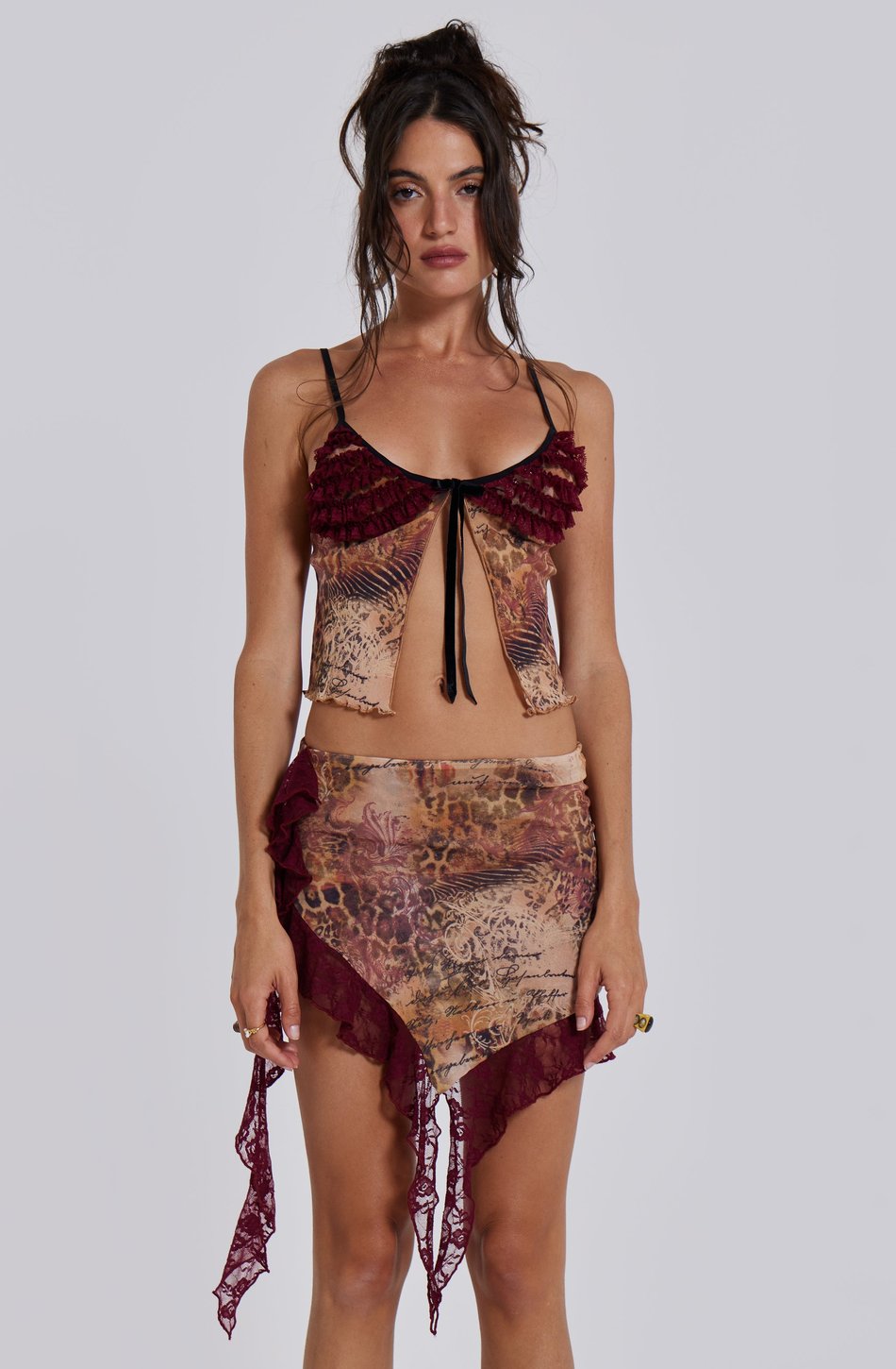 Lace Frill Mesh Slip Top & Splicing Mini Skirt Set