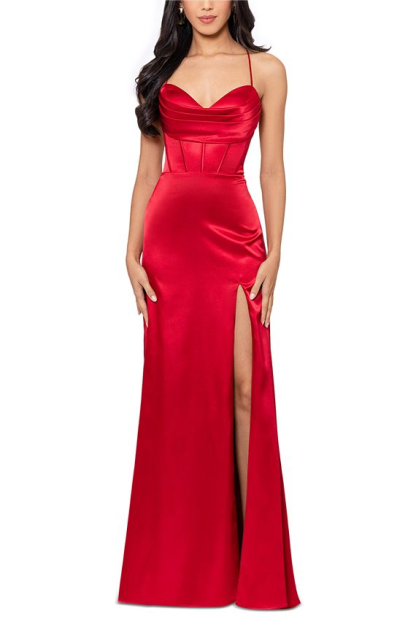 Satin Corst Split Solid Maxi Dress