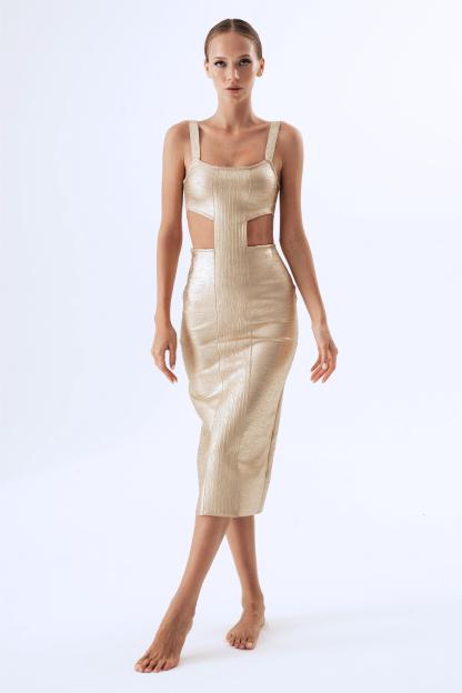 Gold Foil Stamping Cut Out Bodycon Slip Midi Dress