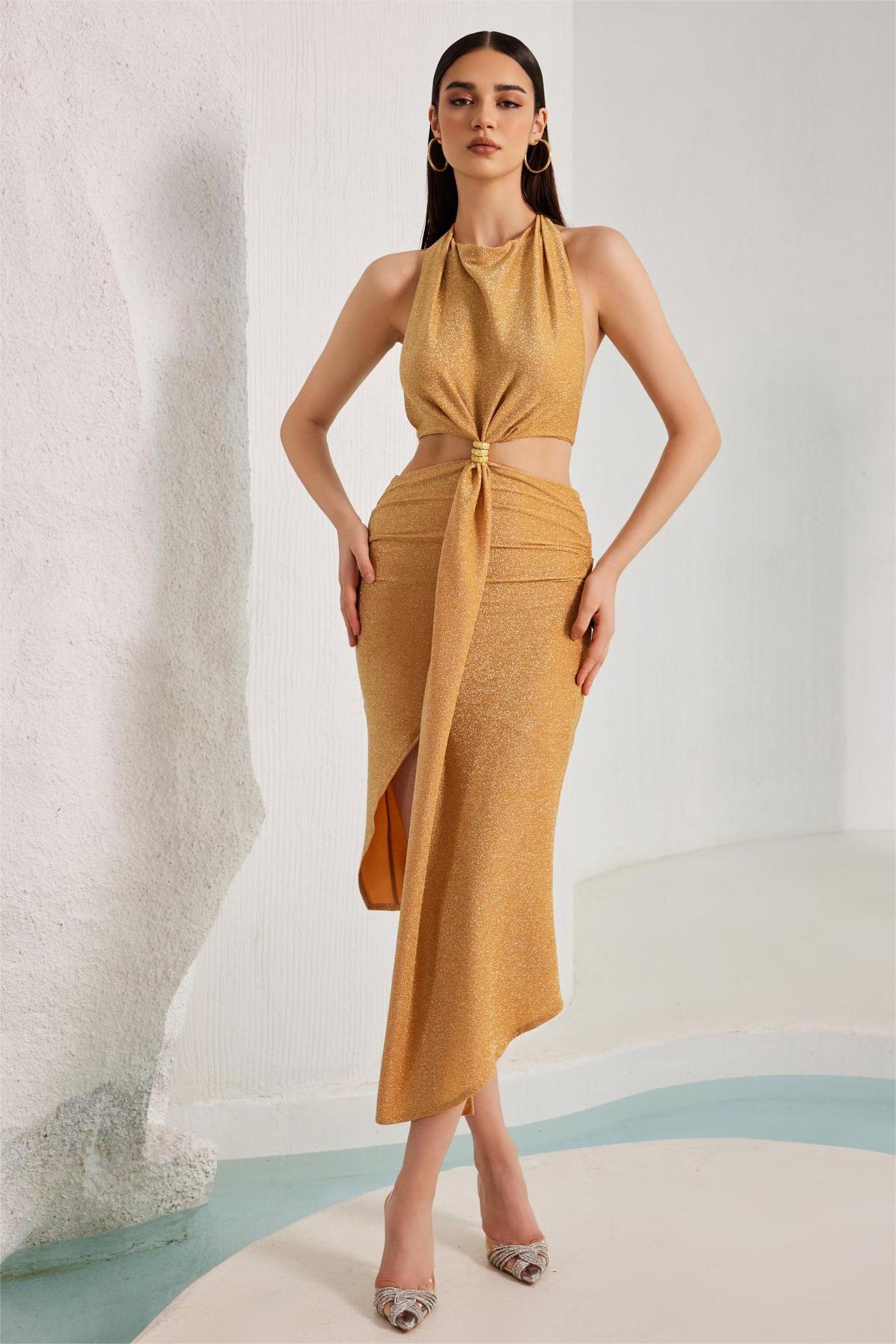 Halter Neck Backless Split Midi Dress